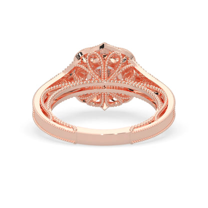Round vintage halo lab grown diamond pave engagement ring with ornate gold setting and sparkling side diamonds in rose gold