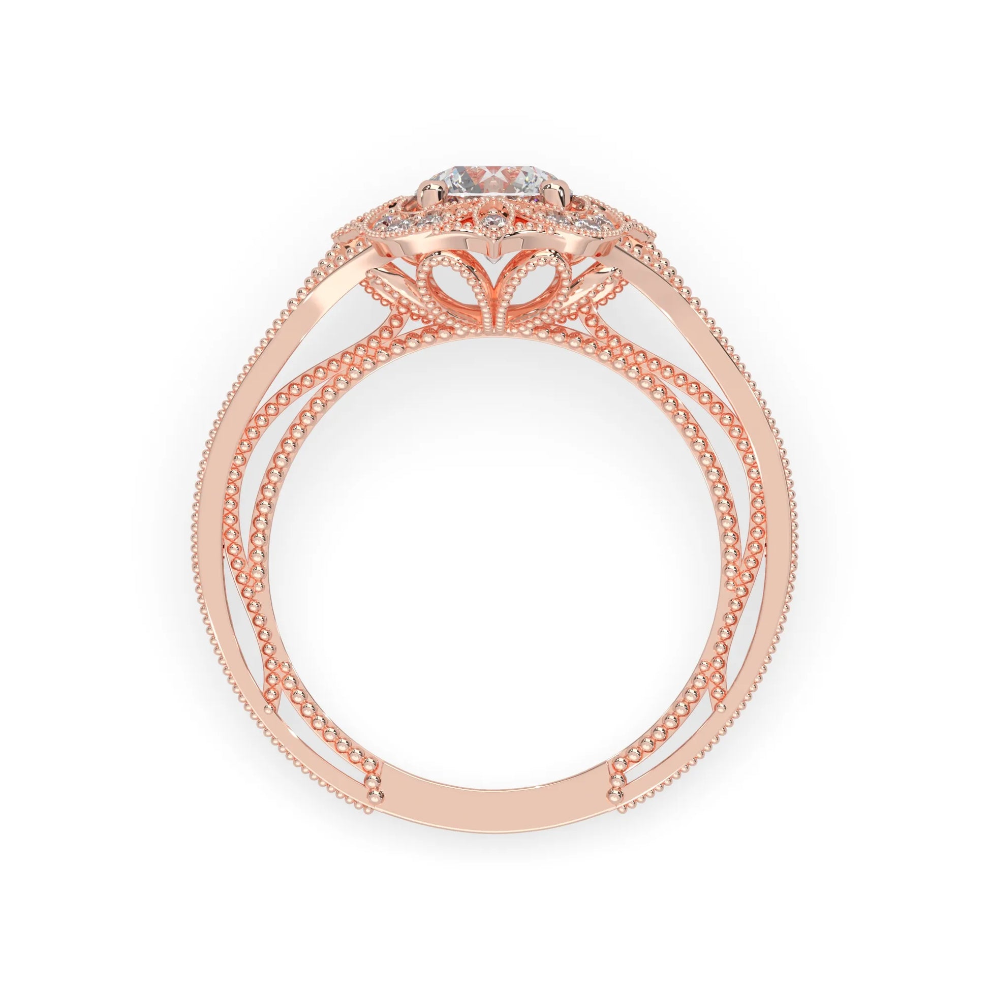 Round vintage halo lab grown diamond pave engagement ring with ornate gold setting and sparkling side diamonds in rose gold