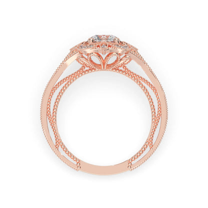 Round vintage halo lab grown diamond pave engagement ring with ornate gold setting and sparkling side diamonds in rose gold