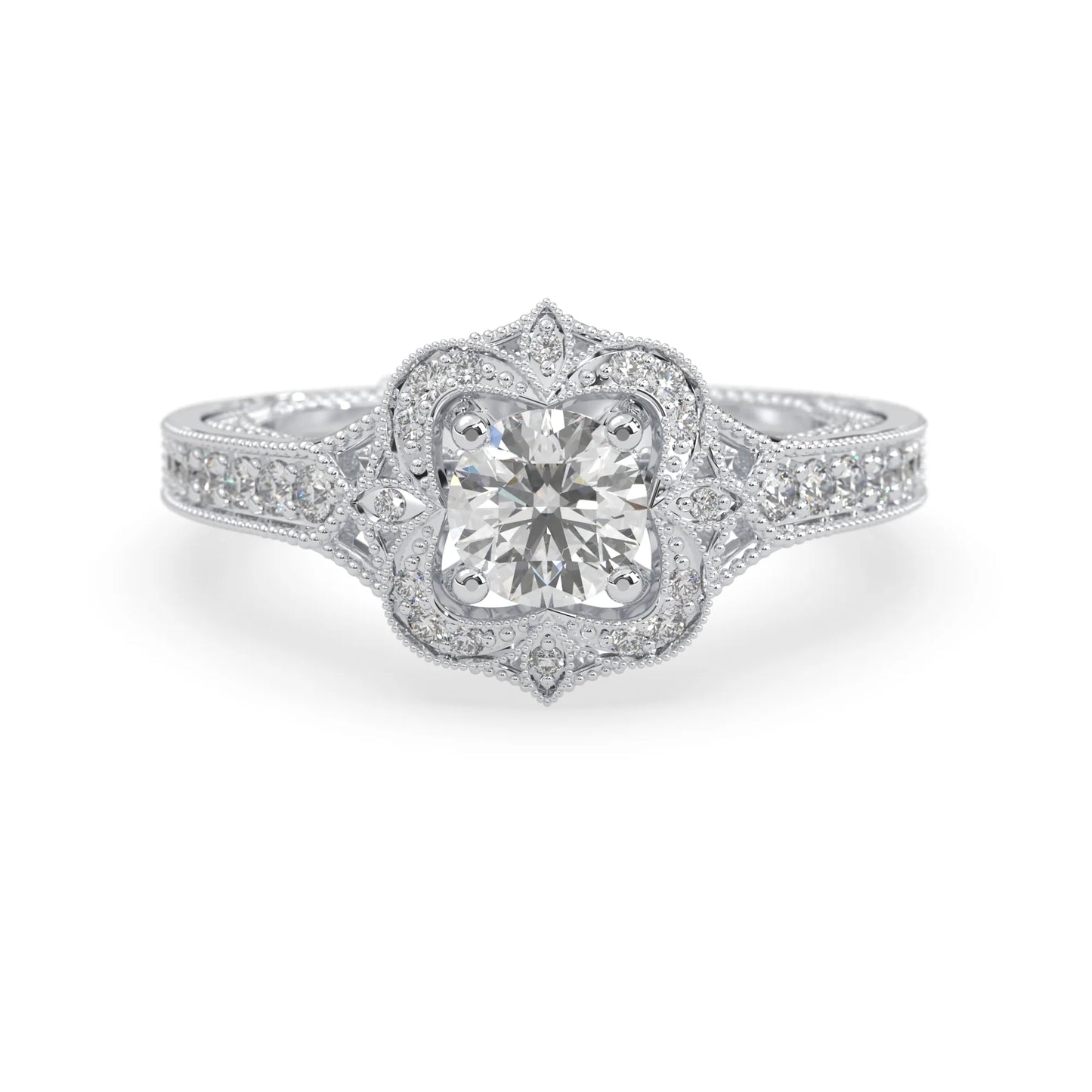 Round vintage halo lab grown diamond pave engagement ring with ornate gold setting and sparkling side diamonds in white gold