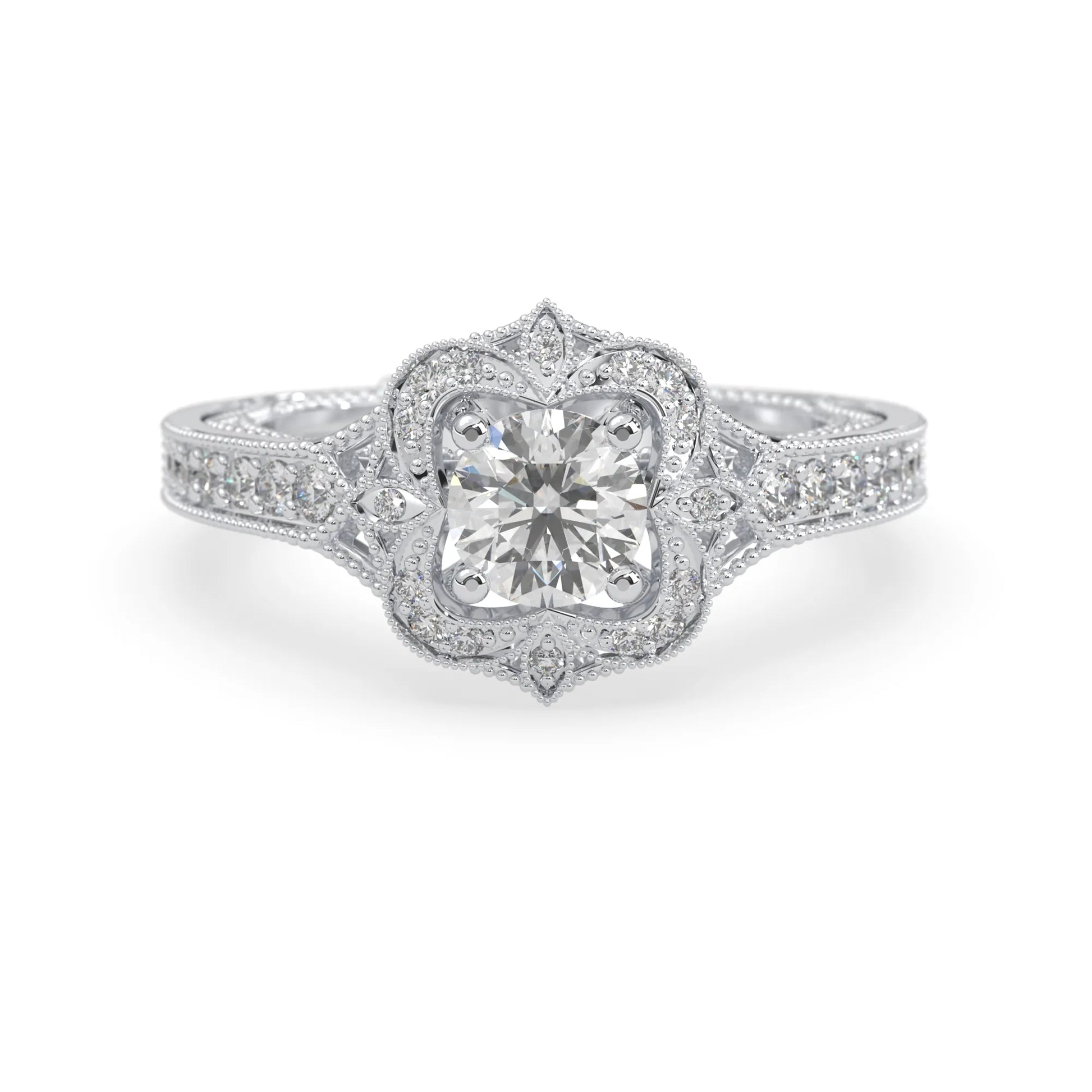 Round vintage halo lab grown diamond pave engagement ring with ornate gold setting and sparkling side diamonds in white gold