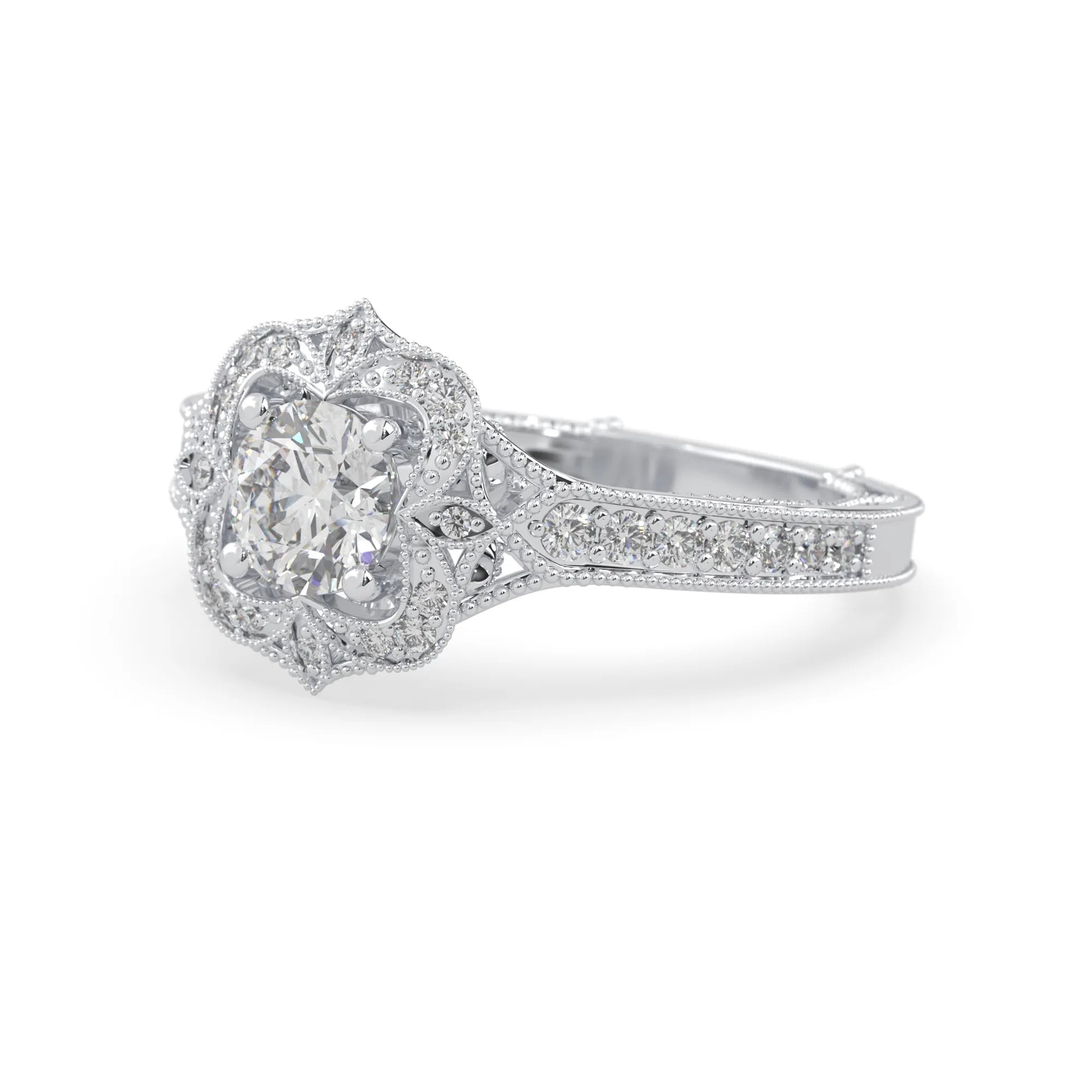Round vintage halo lab grown diamond pave engagement ring with ornate gold setting and sparkling side diamonds in white gold