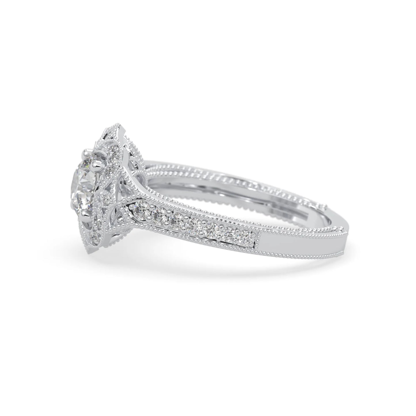 Round vintage halo lab grown diamond pave engagement ring with ornate gold setting and sparkling side diamonds in white gold