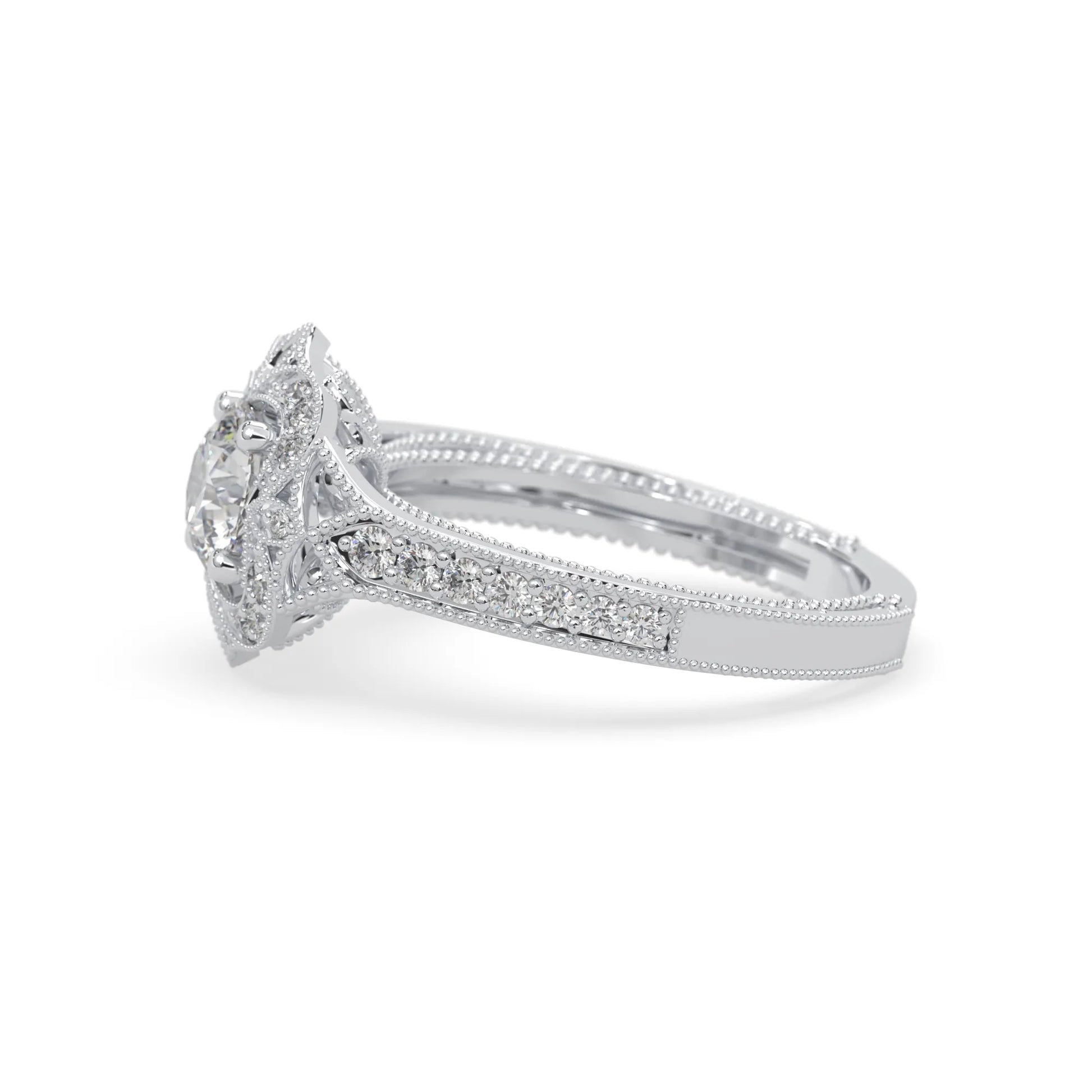 Round vintage halo lab grown diamond pave engagement ring with ornate gold setting and sparkling side diamonds in white gold