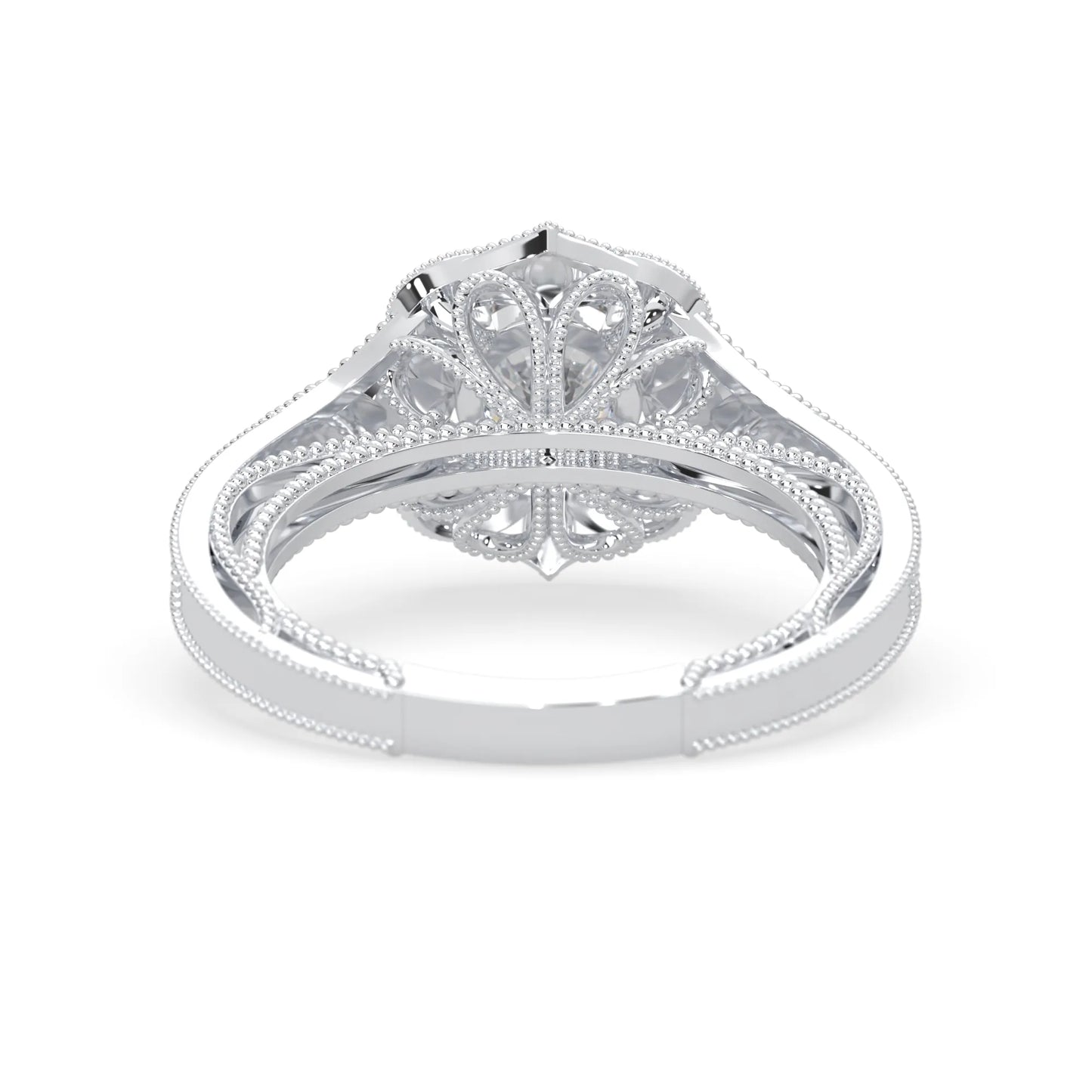 Round vintage halo lab grown diamond pave engagement ring with ornate gold setting and sparkling side diamonds in white gold