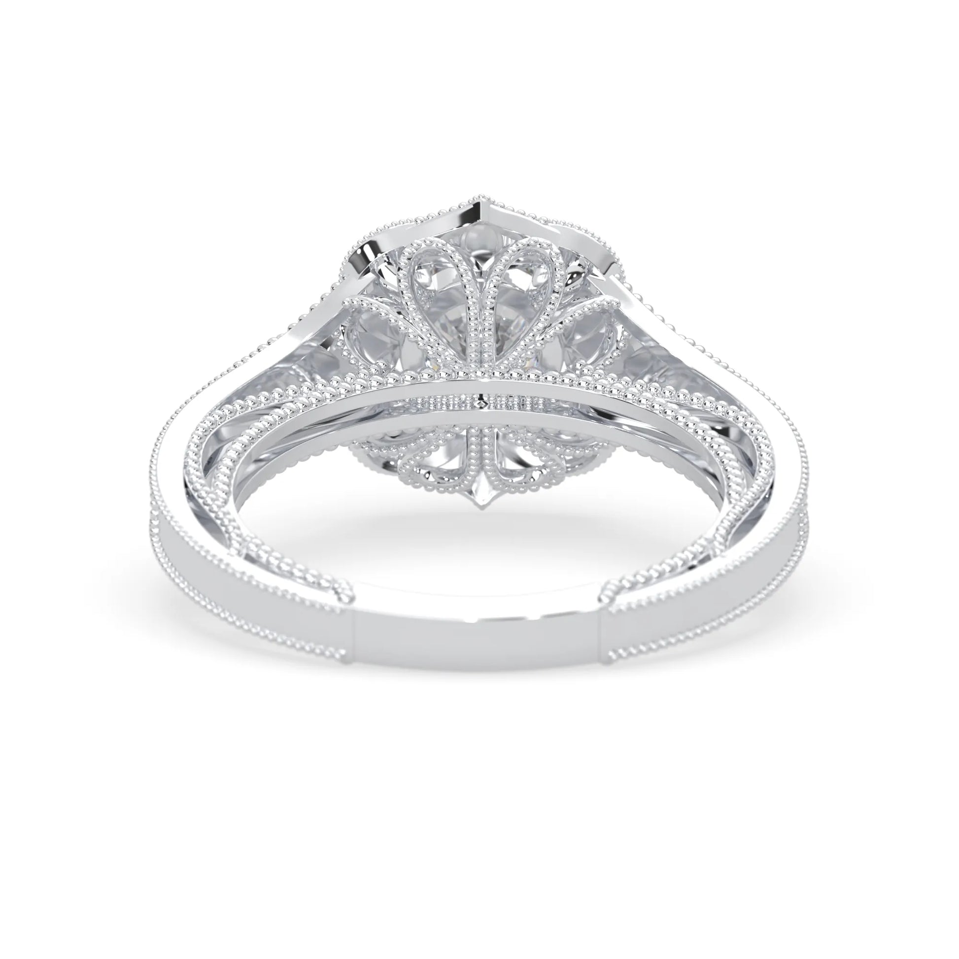 Round vintage halo lab grown diamond pave engagement ring with ornate gold setting and sparkling side diamonds in white gold