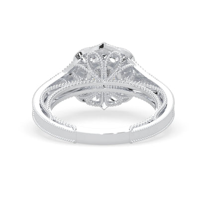 Round vintage halo lab grown diamond pave engagement ring with ornate gold setting and sparkling side diamonds in white gold