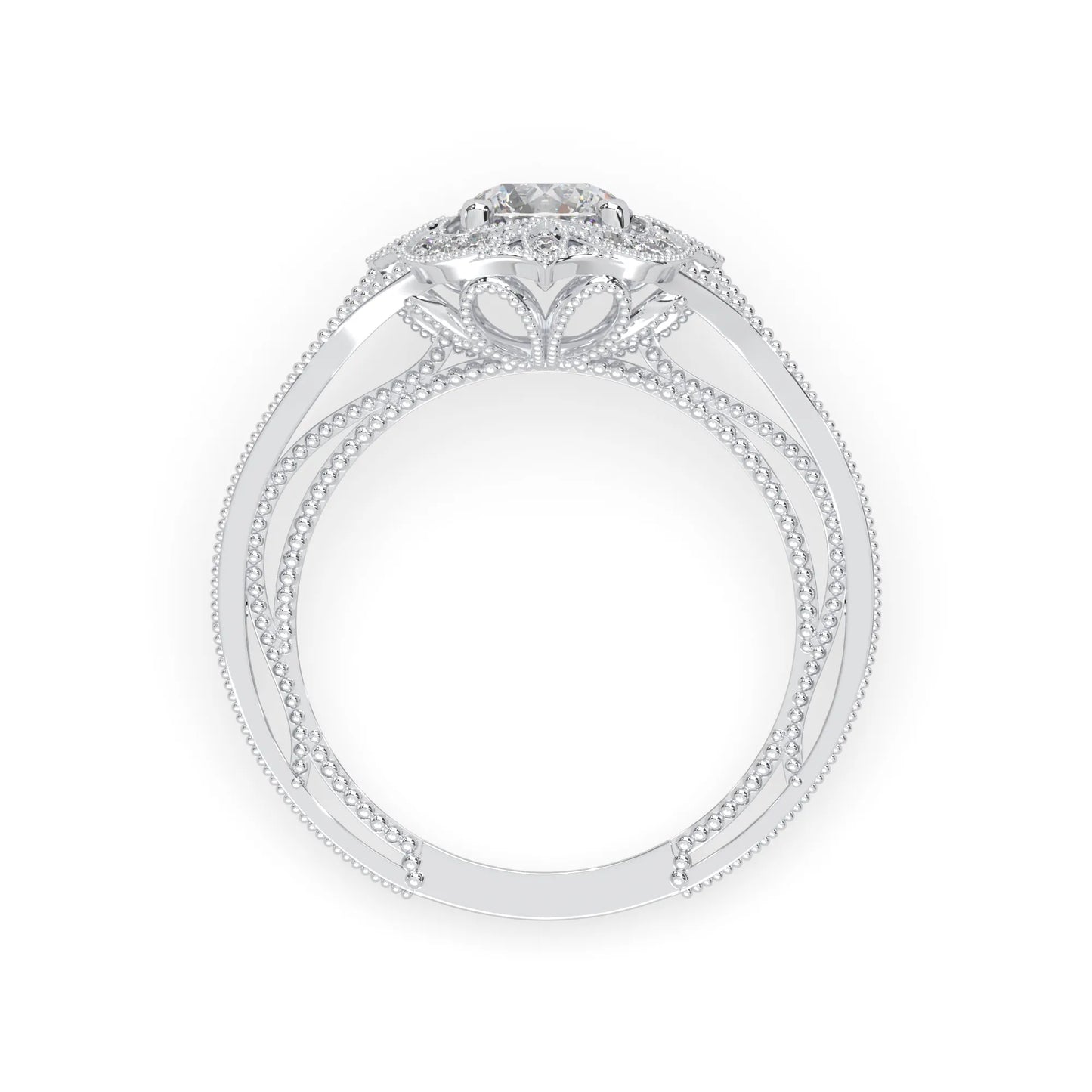 Round vintage halo lab grown diamond pave engagement ring with ornate gold setting and sparkling side diamonds in white gold