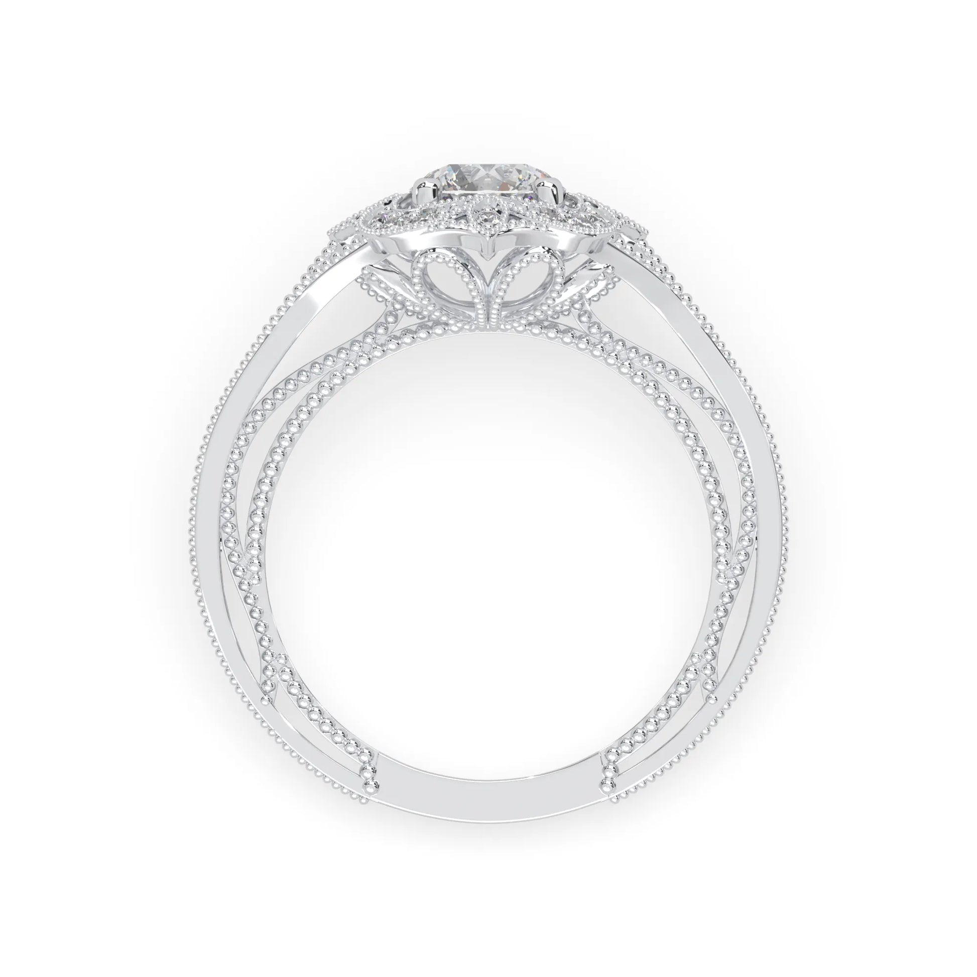Round vintage halo lab grown diamond pave engagement ring with ornate gold setting and sparkling side diamonds in white gold