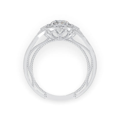 Round vintage halo lab grown diamond pave engagement ring with ornate gold setting and sparkling side diamonds in white gold