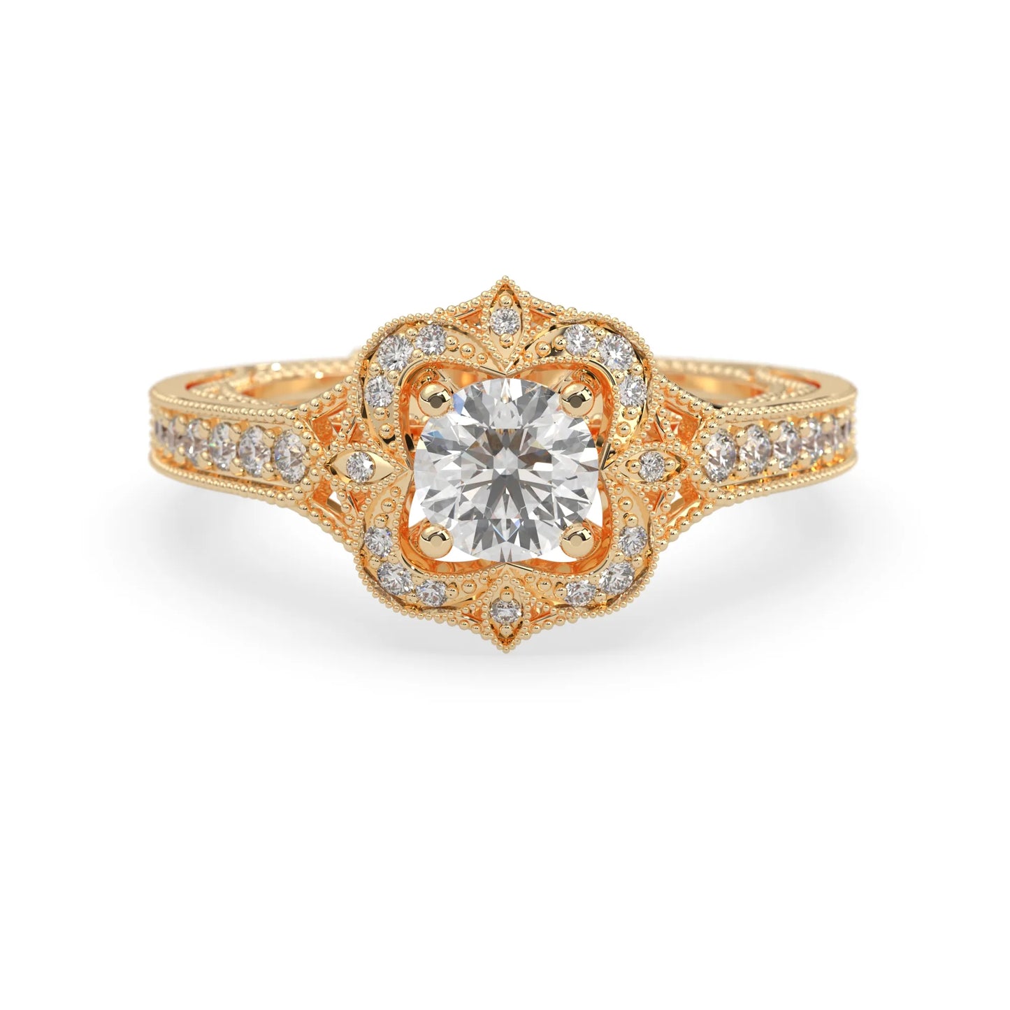 Round vintage halo lab grown diamond pave engagement ring with ornate gold setting and sparkling side diamonds in yellow gold