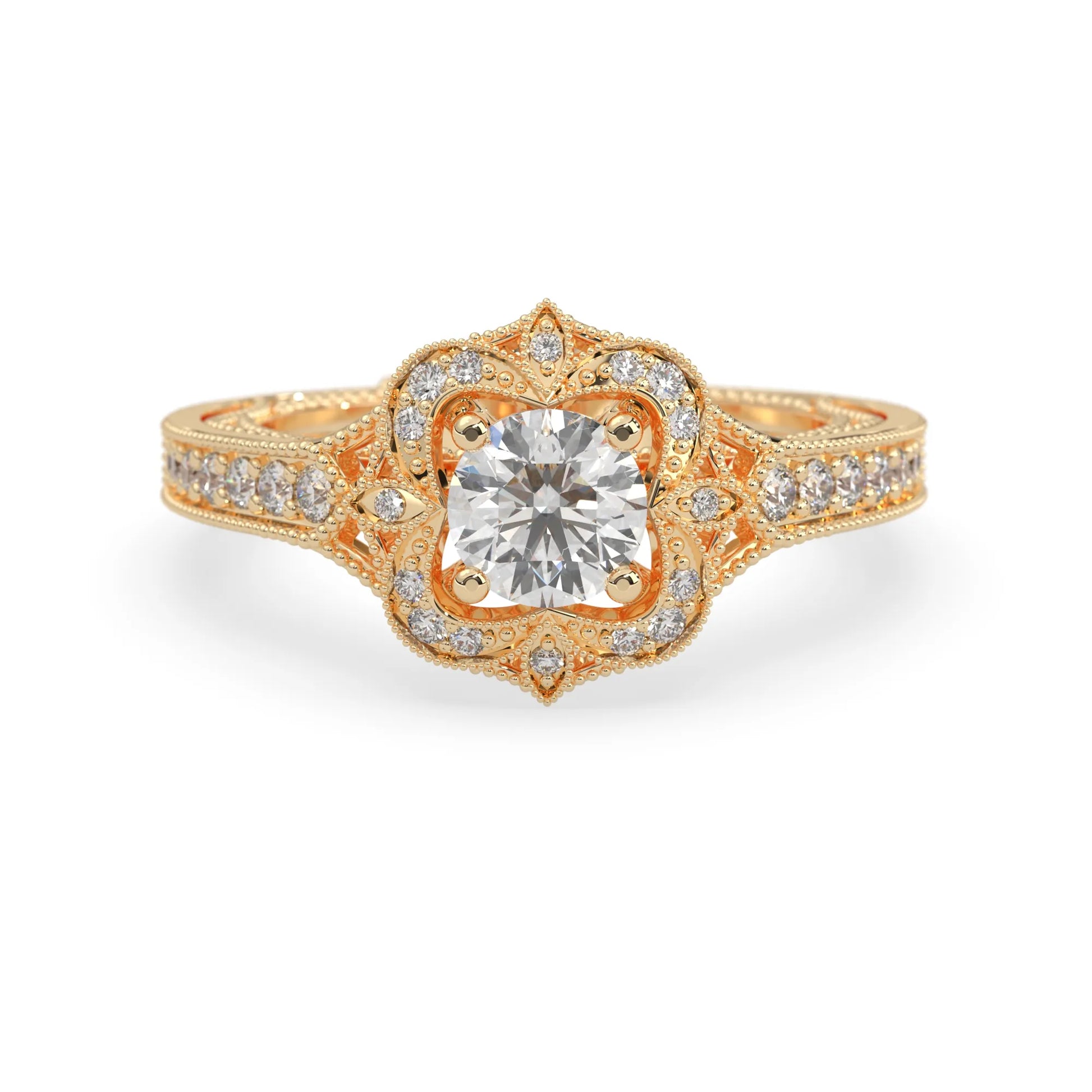 Round vintage halo lab grown diamond pave engagement ring with ornate gold setting and sparkling side diamonds in yellow gold