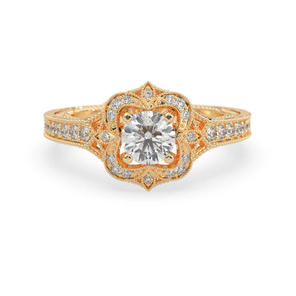 Round vintage halo lab grown diamond pave engagement ring with ornate gold setting and sparkling side diamonds in yellow gold