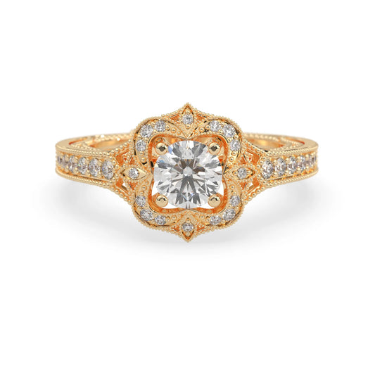 Round vintage halo lab grown diamond pave engagement ring with ornate gold setting and sparkling side diamonds in yellow gold