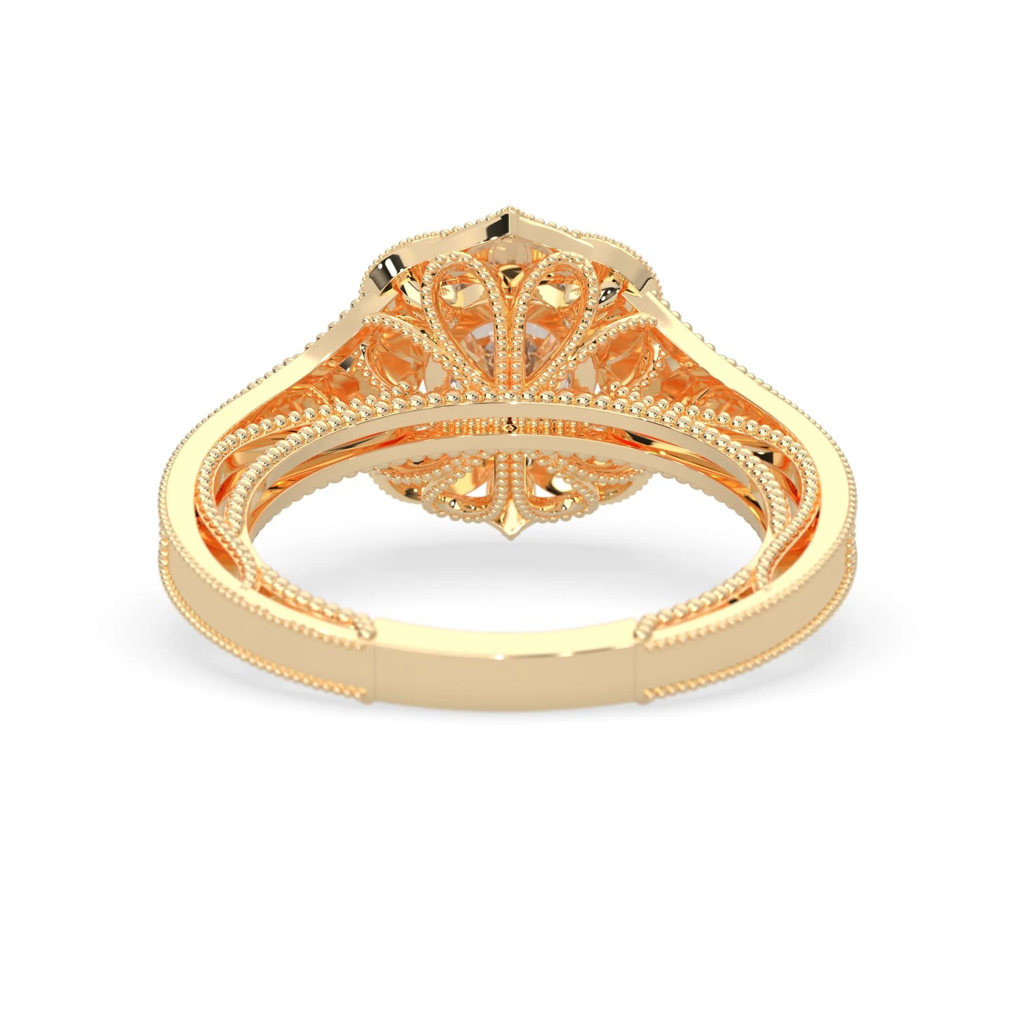 Round vintage halo lab grown diamond pave engagement ring with ornate gold setting and sparkling side diamonds in yellow gold