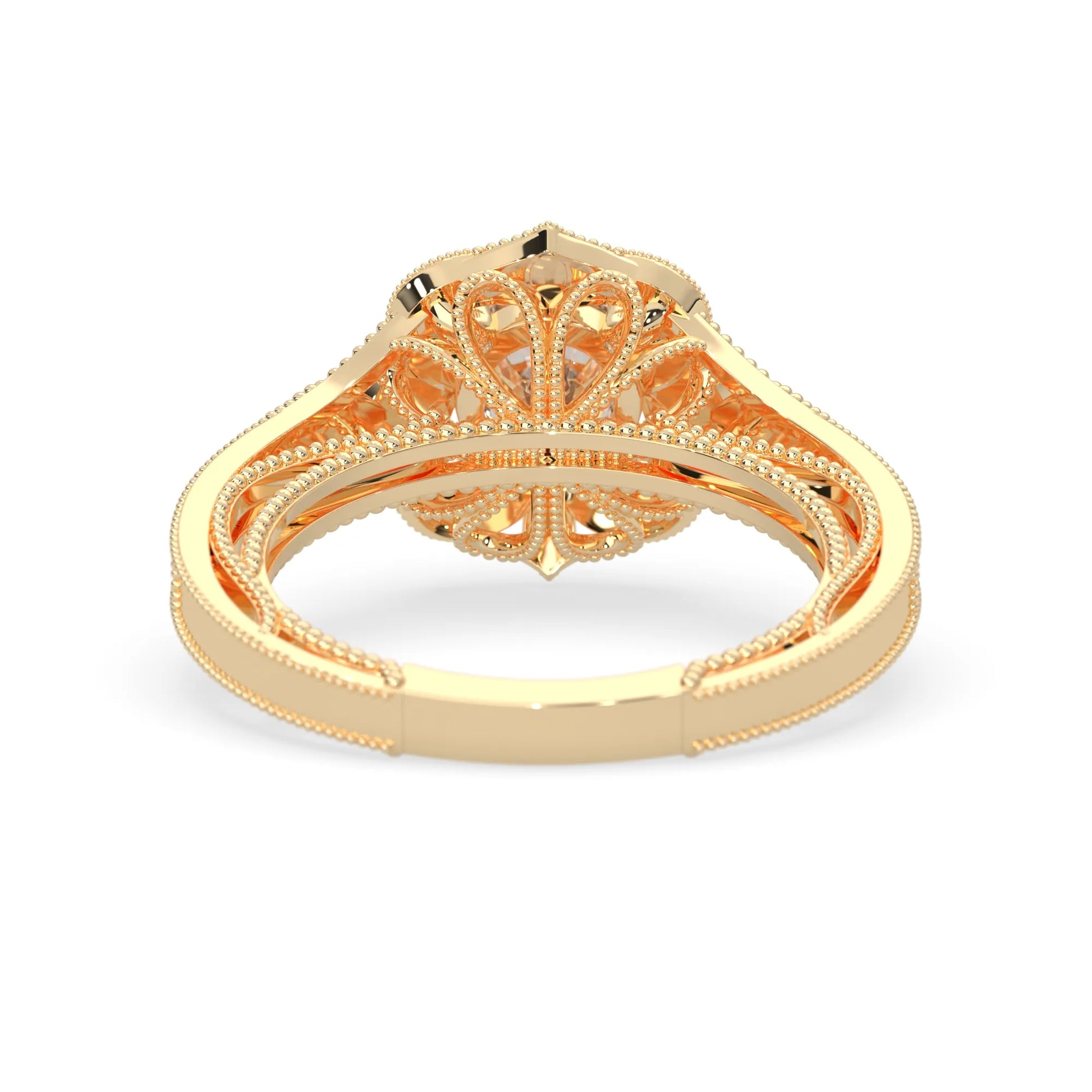 Round vintage halo lab grown diamond pave engagement ring with ornate gold setting and sparkling side diamonds in yellow gold