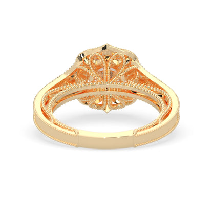 Round vintage halo lab grown diamond pave engagement ring with ornate gold setting and sparkling side diamonds in yellow gold