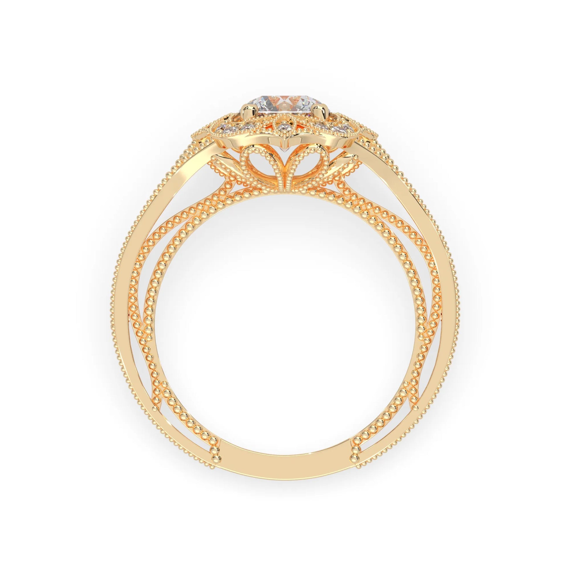 Round vintage halo lab grown diamond pave engagement ring with ornate gold setting and sparkling side diamonds in yellow gold