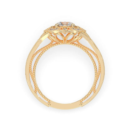 Round vintage halo lab grown diamond pave engagement ring with ornate gold setting and sparkling side diamonds in yellow gold