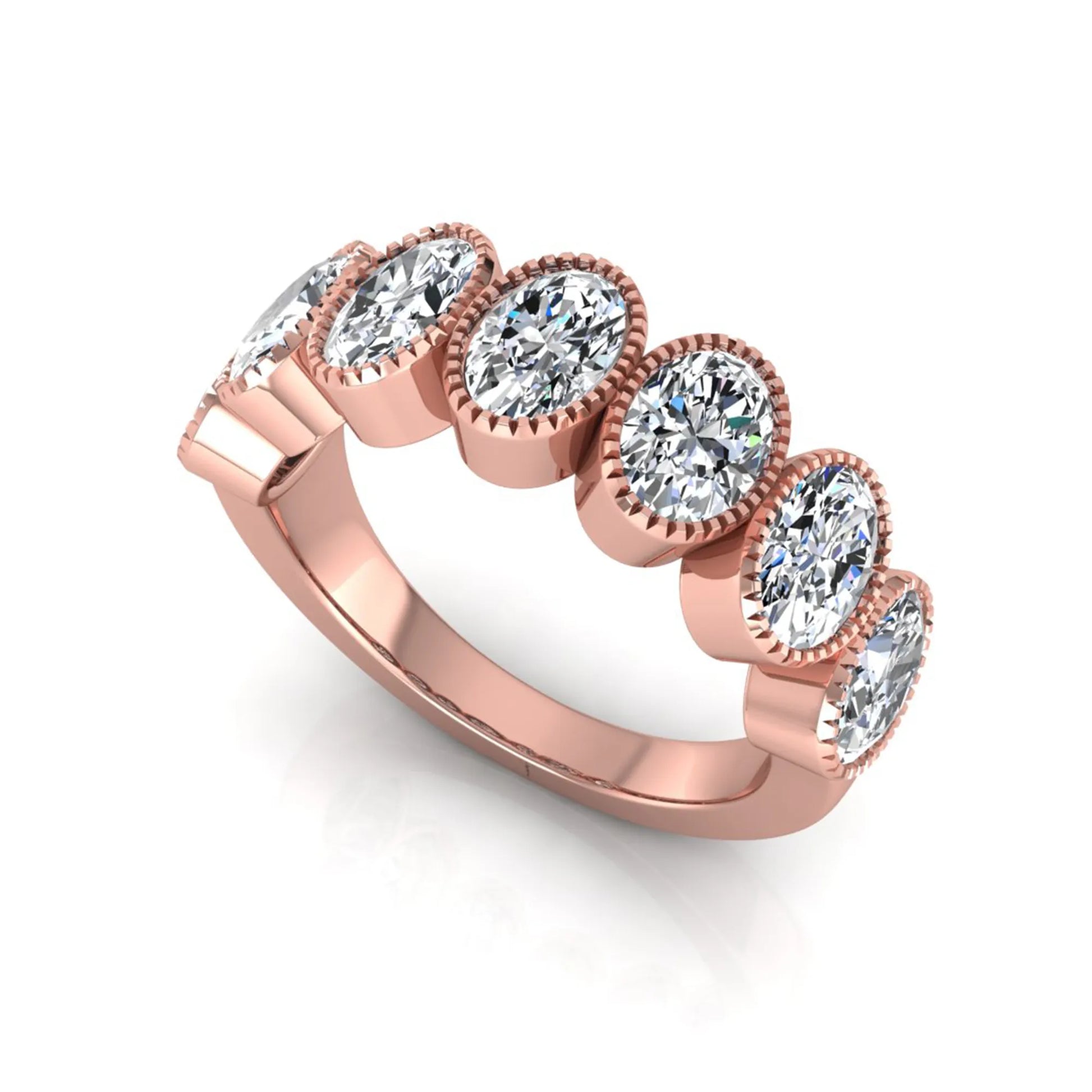 Seven Stone Oval Cut Lab Grown Diamond Band Ring featuring seven oval cut diamonds in elegant milgrain bezel-inspired settings with a rose gold tone band.