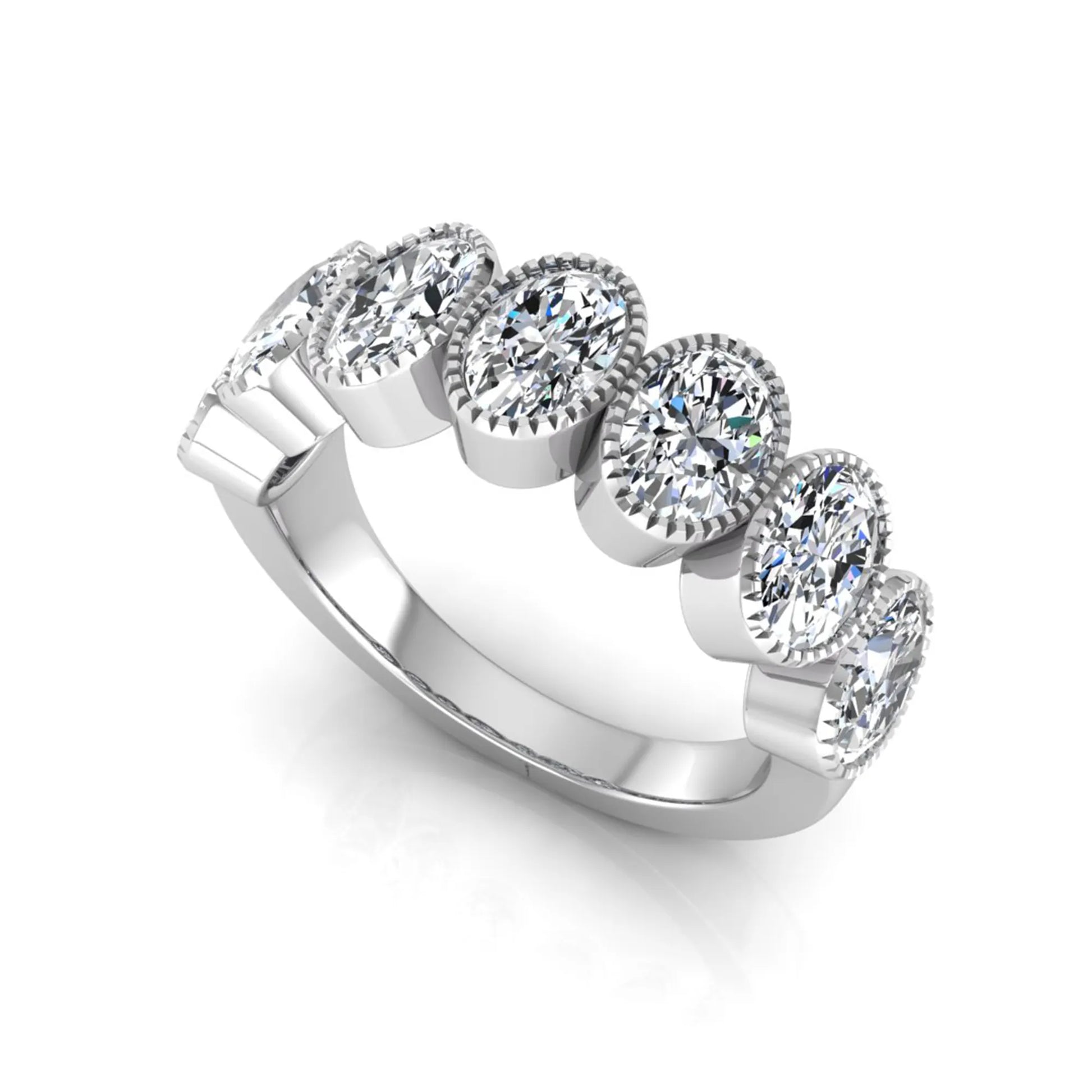 Seven Stone Oval Cut Lab Grown Diamond Band Ring featuring seven oval cut diamonds in elegant milgrain bezel-inspired settings with a white gold tone band.