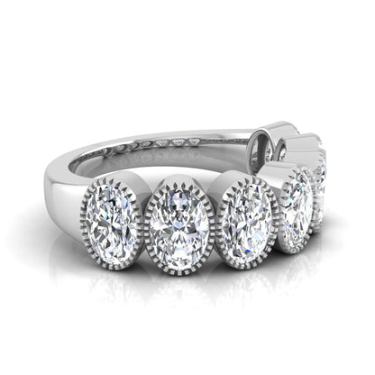 Seven Stone Oval Cut Lab Grown Diamond Band Ring featuring seven oval cut diamonds in elegant milgrain bezel-inspired settings with a white gold tone band.