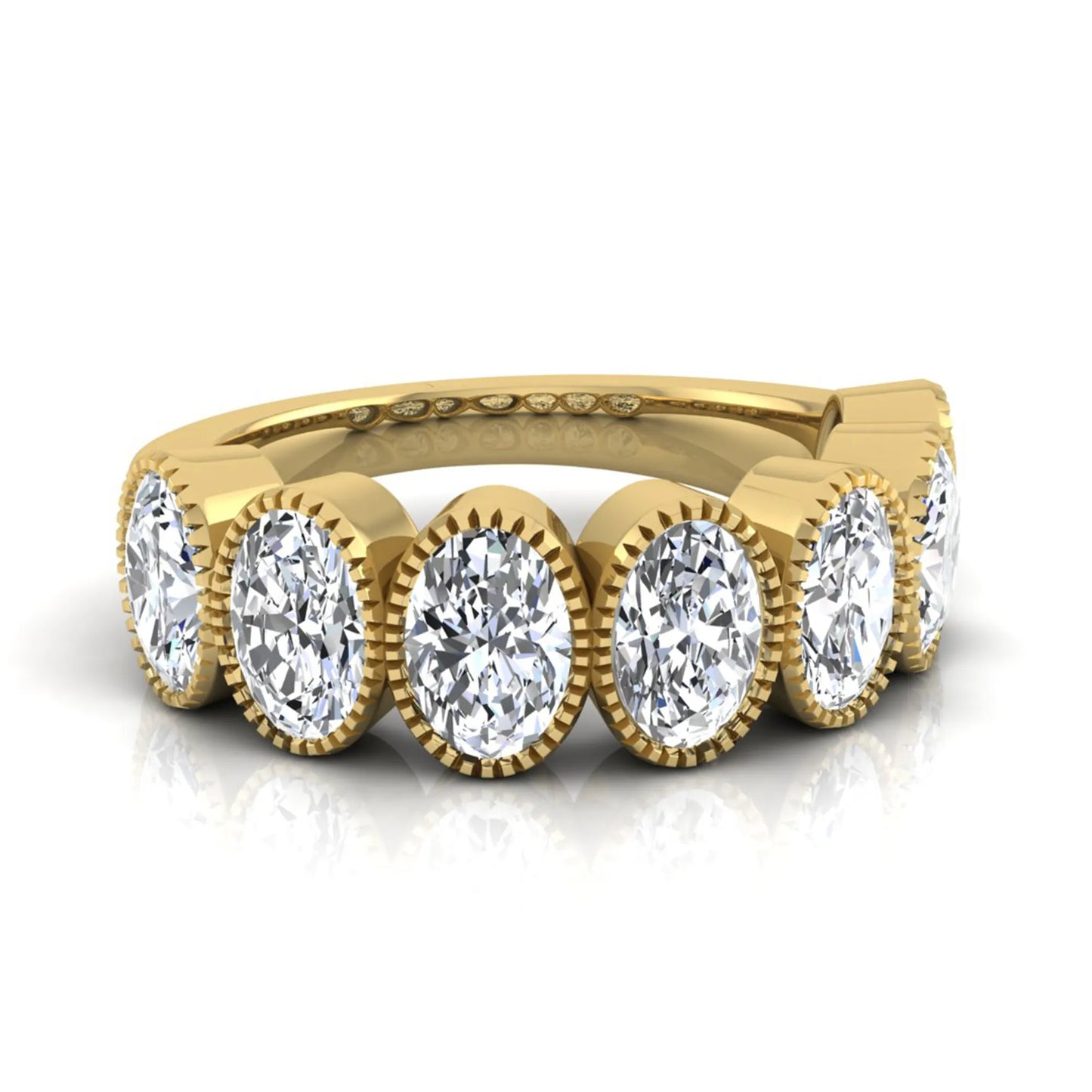 Seven Stone Oval Cut Lab Grown Diamond Band Ring featuring seven oval cut diamonds in elegant milgrain bezel-inspired settings with a yellow gold tone band.