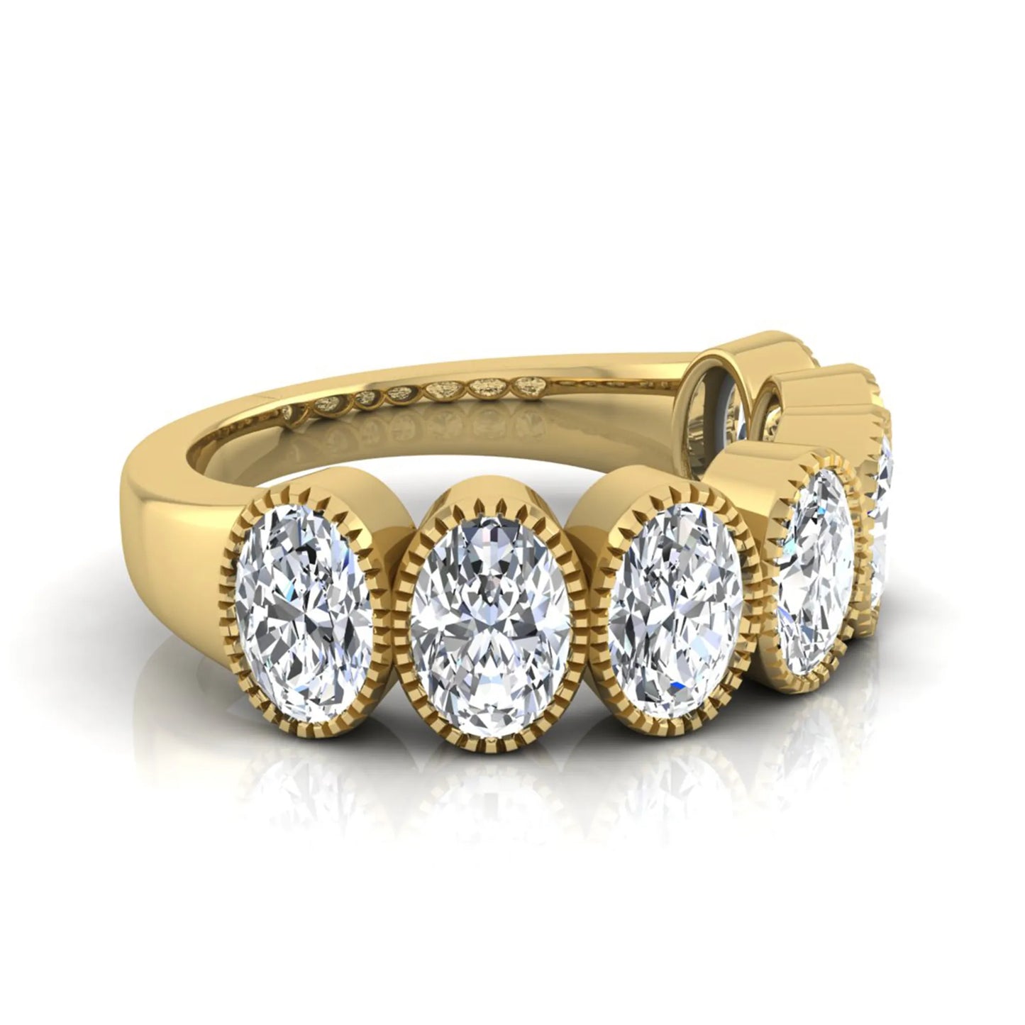 Seven Stone Oval Cut Lab Grown Diamond Band Ring featuring seven oval cut diamonds in elegant milgrain bezel-inspired settings with a yellow gold tone band.