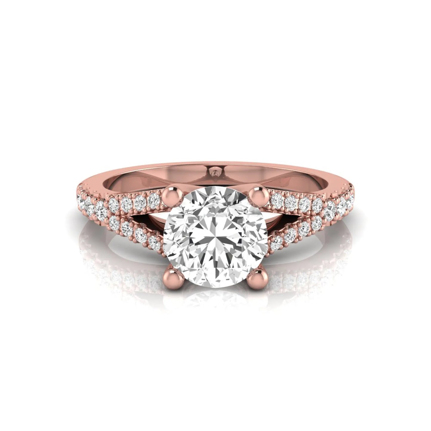 Rose-gold ring with a large diamond and smaller diamonds on the band against a white background