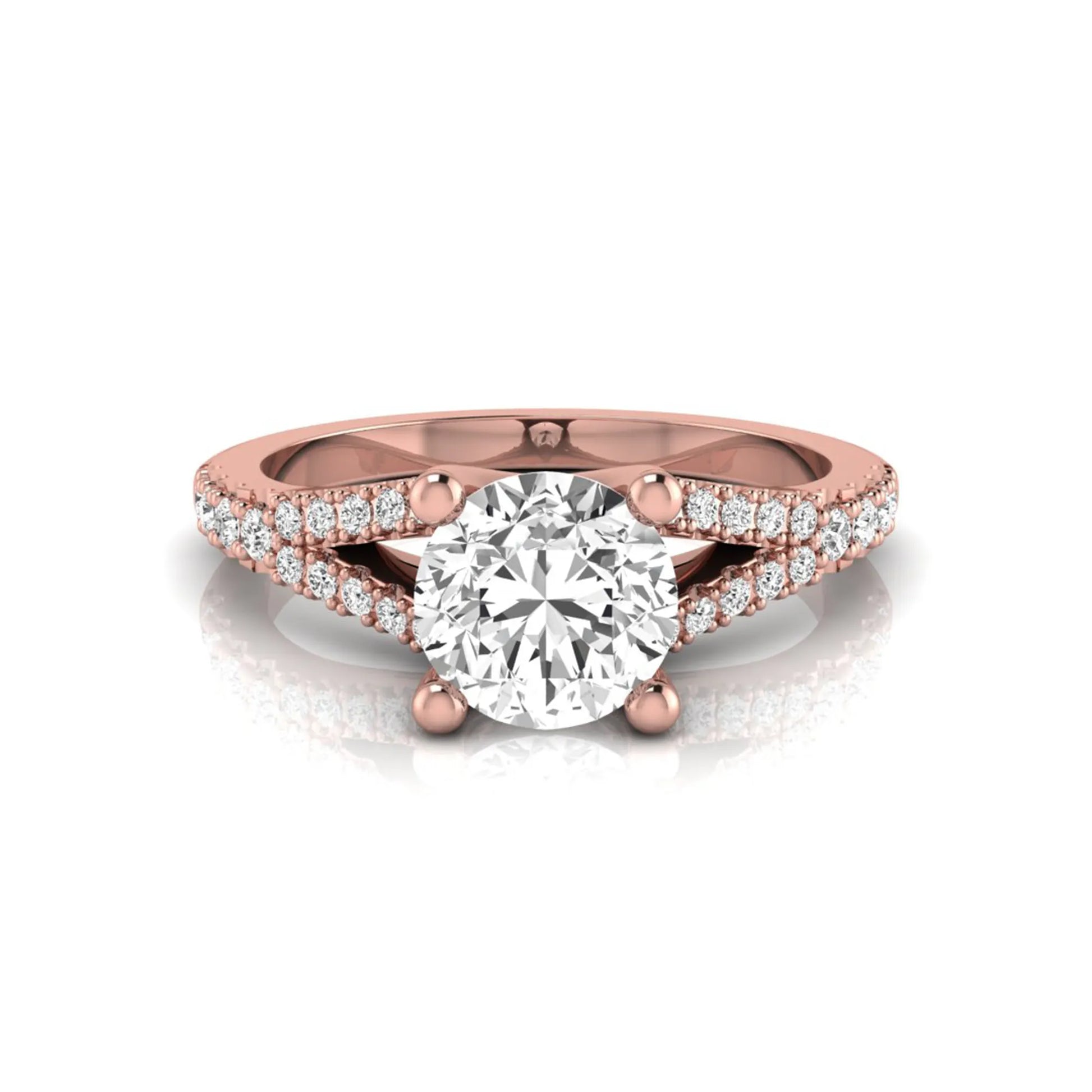 Rose-gold ring with a large diamond and smaller diamonds on the band against a white background