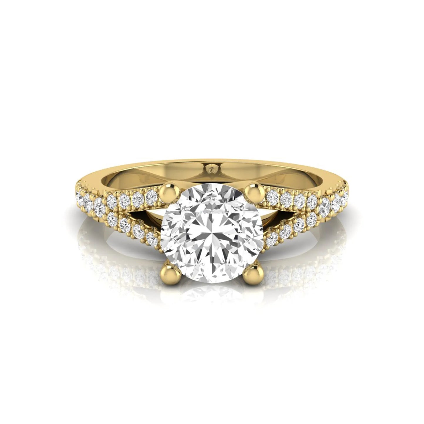 yellow-Gold ring with a large diamond and smaller diamonds on the band against a white background