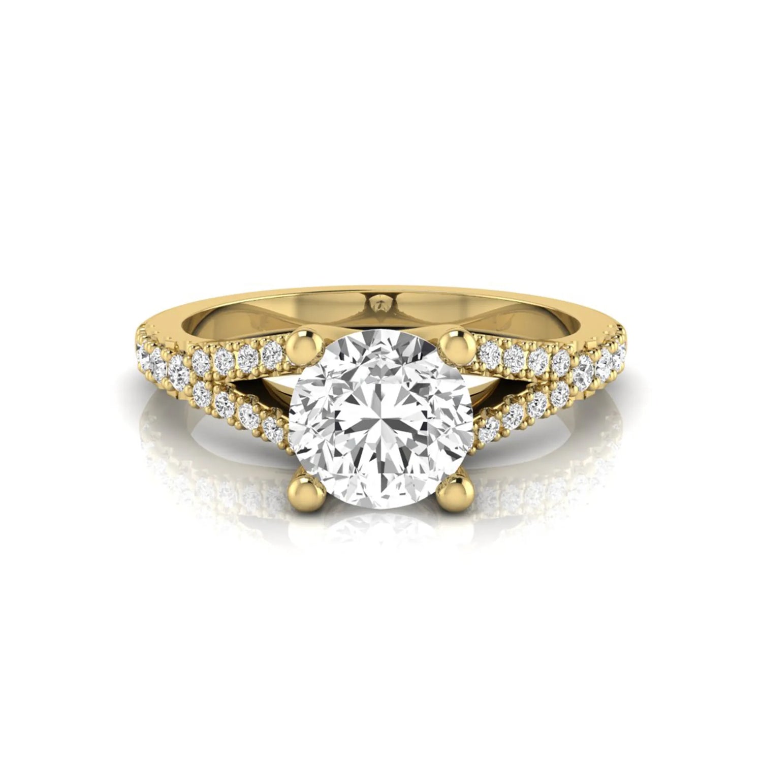 yellow-Gold ring with a large diamond and smaller diamonds on the band against a white background