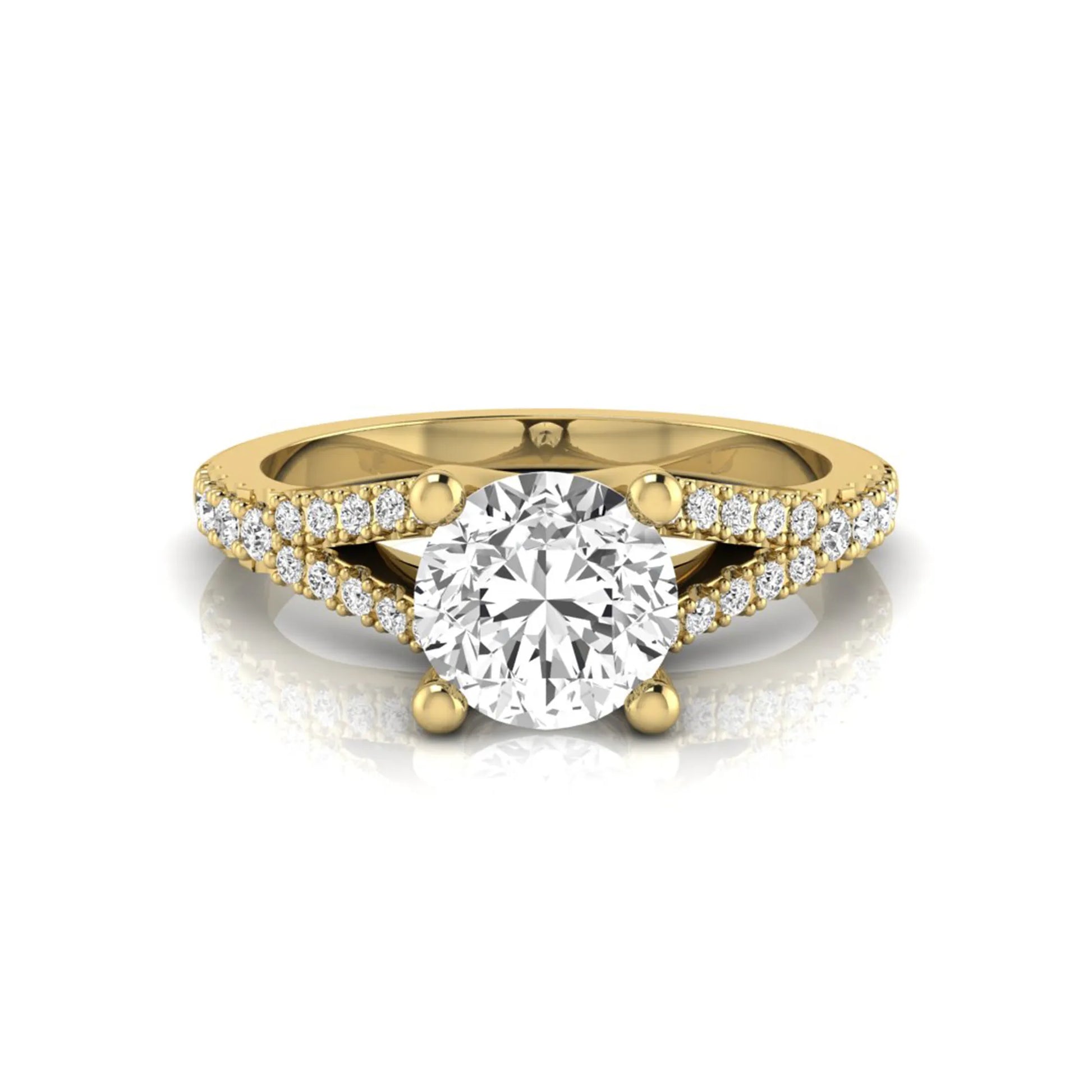 yellow-Gold ring with a large diamond and smaller diamonds on the band against a white background