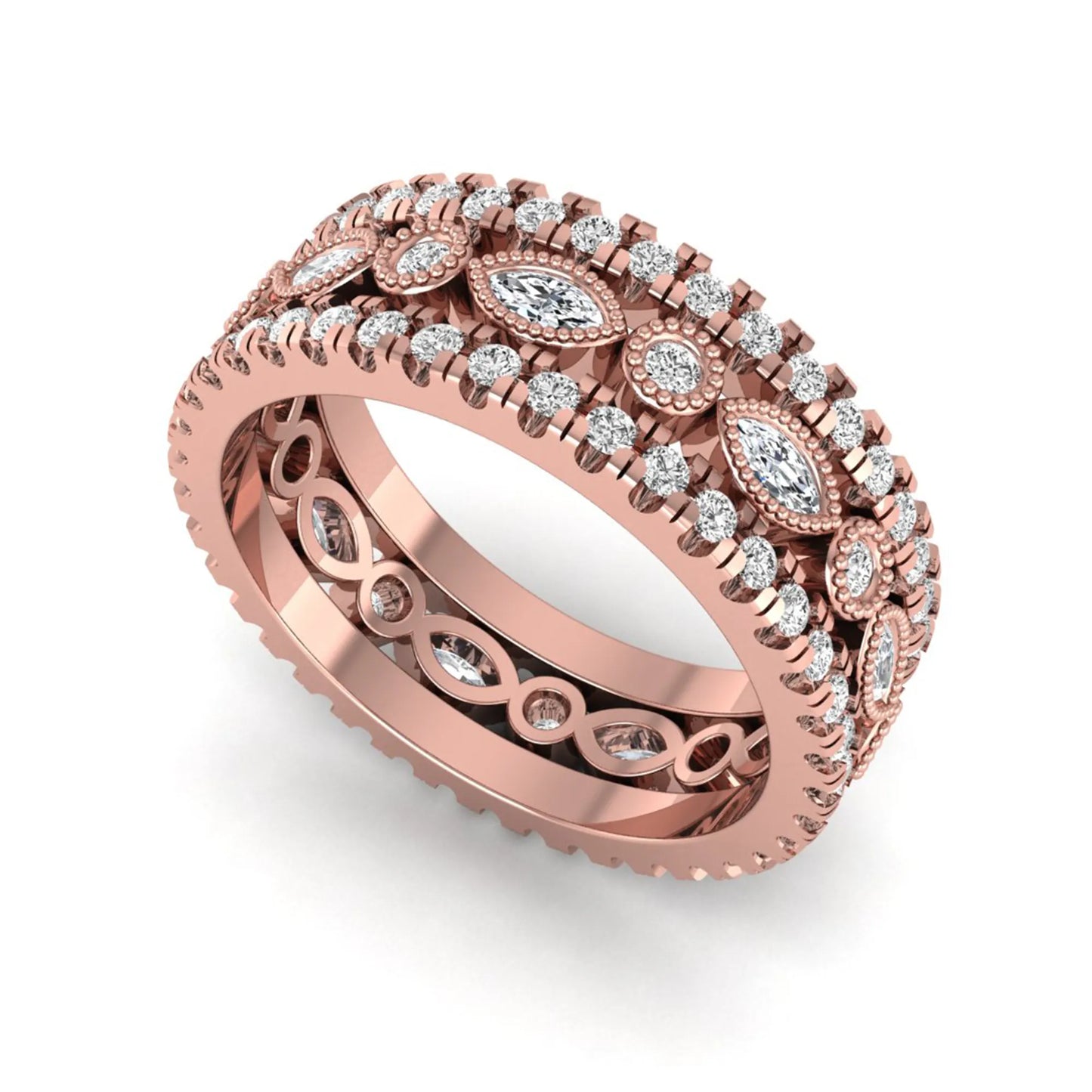 Stackable three band ring set featuring marquise and round lab grown diamonds with vintage milgrain bezels and pavé diamond bands in rose gold