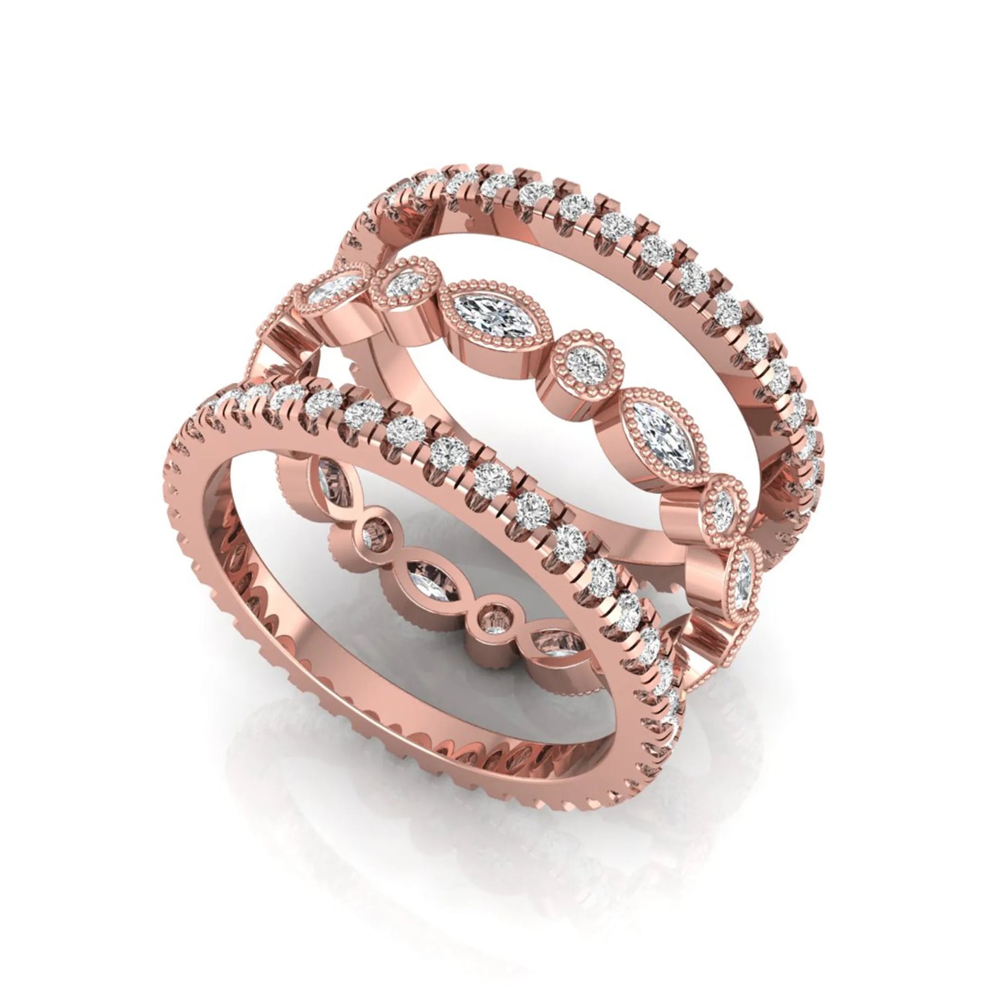 Stackable three band ring set featuring marquise and round lab grown diamonds with vintage milgrain bezels and pavé diamond bands in rose gold