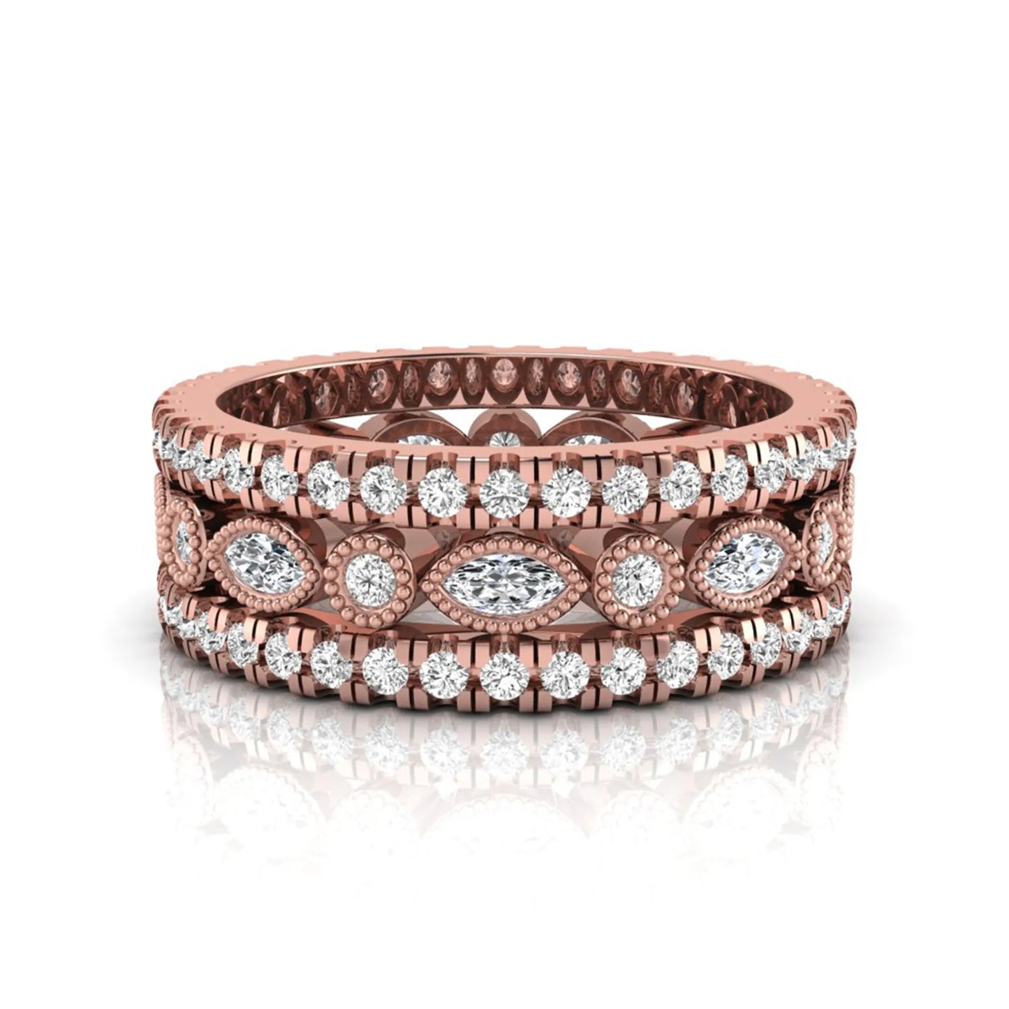 Stackable three band ring set featuring marquise and round lab grown diamonds with vintage milgrain bezels and pavé diamond bands in rose gold