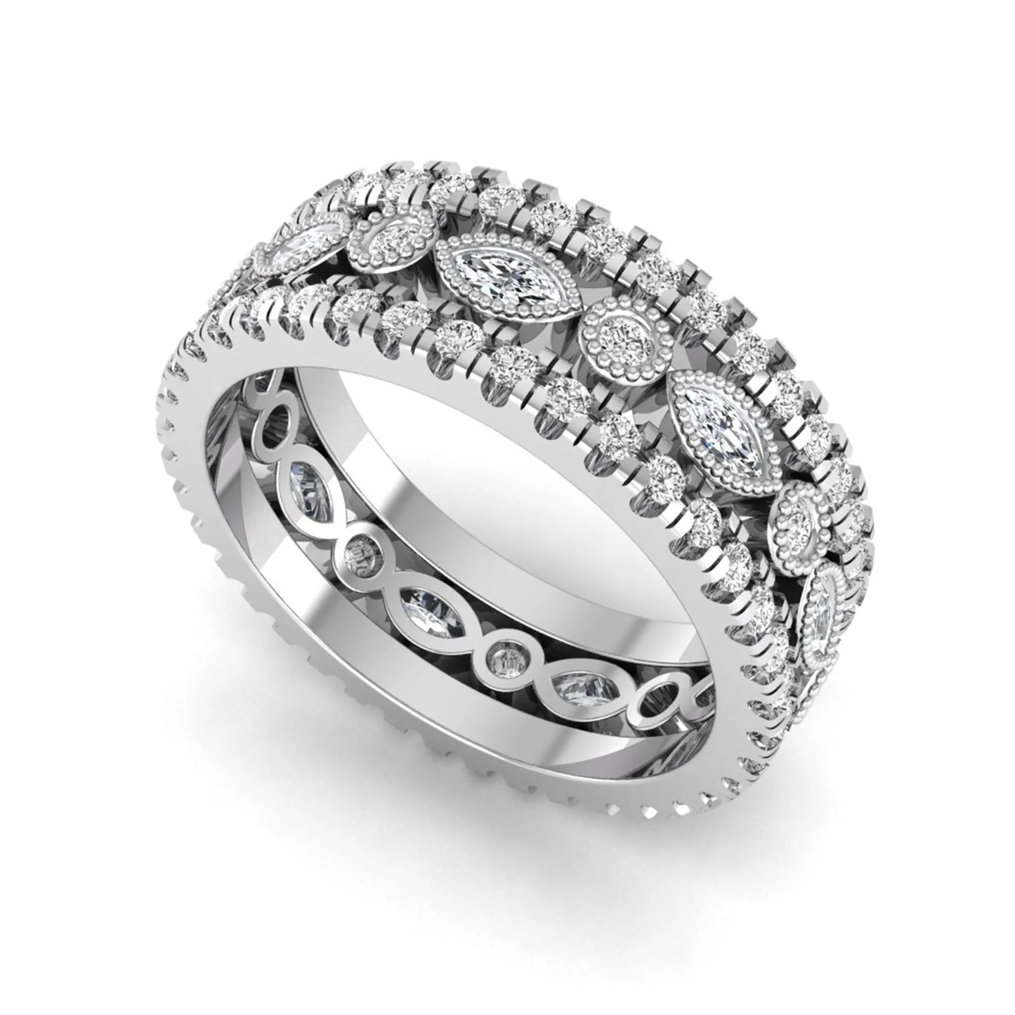 Stackable three band ring set featuring marquise and round lab grown diamonds with vintage milgrain bezels and pavé diamond bands in white gold