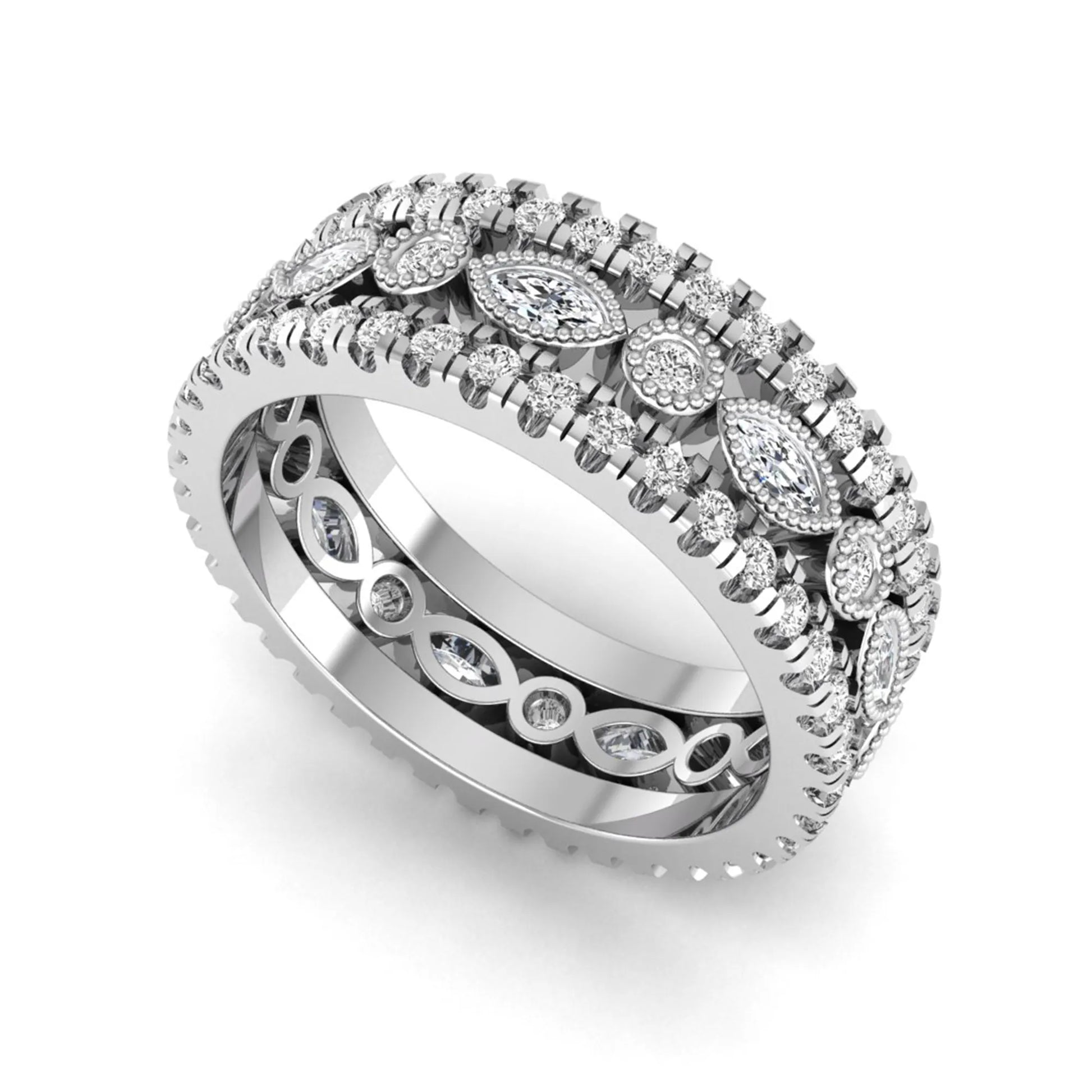 Stackable three band ring set featuring marquise and round lab grown diamonds with vintage milgrain bezels and pavé diamond bands in white gold