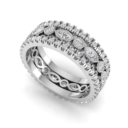 Stackable three band ring set featuring marquise and round lab grown diamonds with vintage milgrain bezels and pavé diamond bands in white gold