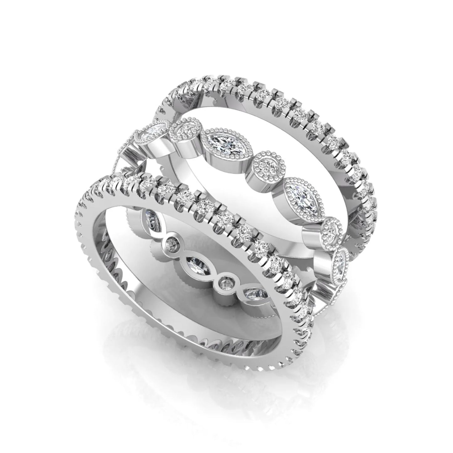 Stackable three band ring set featuring marquise and round lab grown diamonds with vintage milgrain bezels and pavé diamond bands in white gold