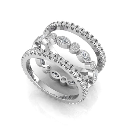 Stackable three band ring set featuring marquise and round lab grown diamonds with vintage milgrain bezels and pavé diamond bands in white gold