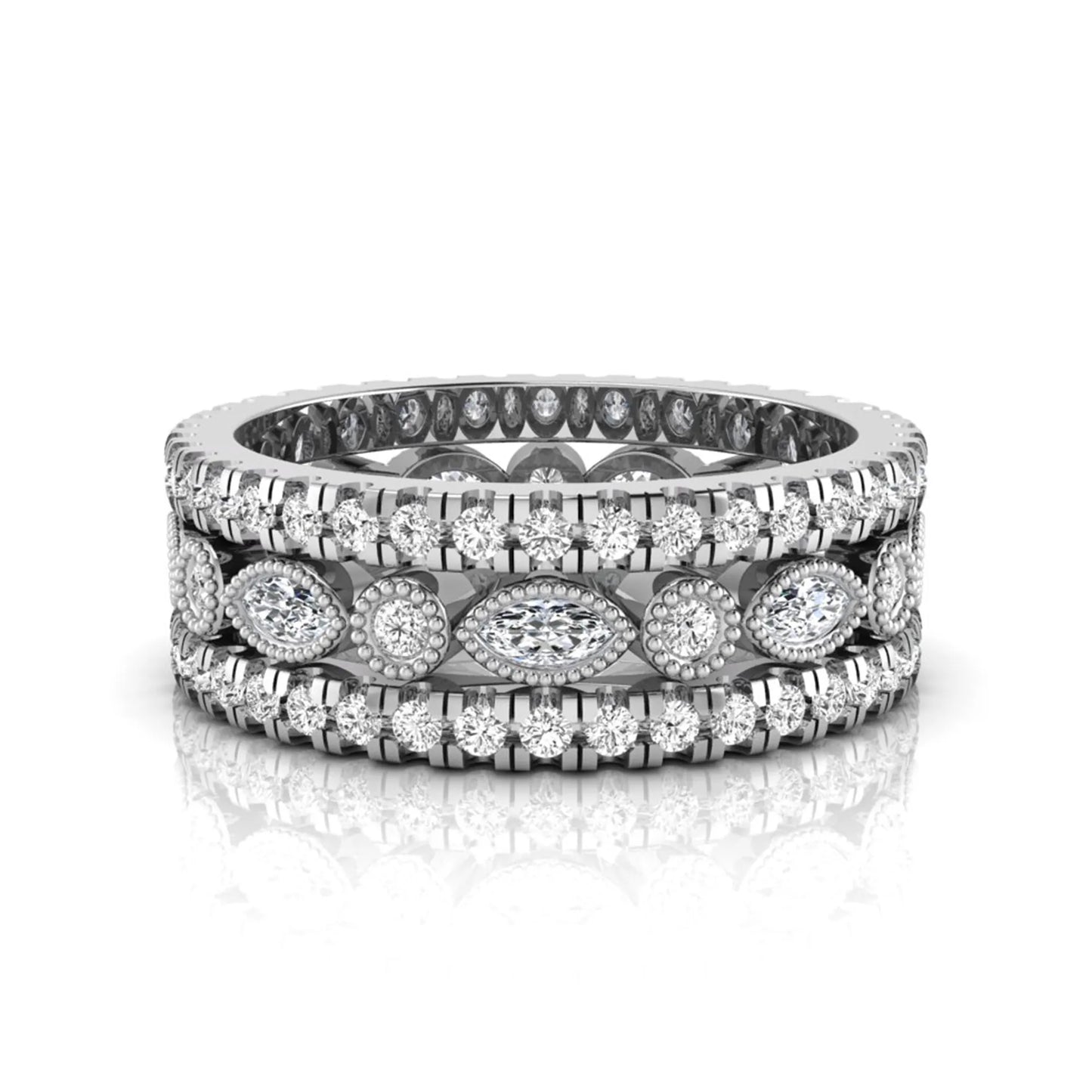 Stackable three band ring set featuring marquise and round lab grown diamonds with vintage milgrain bezels and pavé diamond bands in white gold
