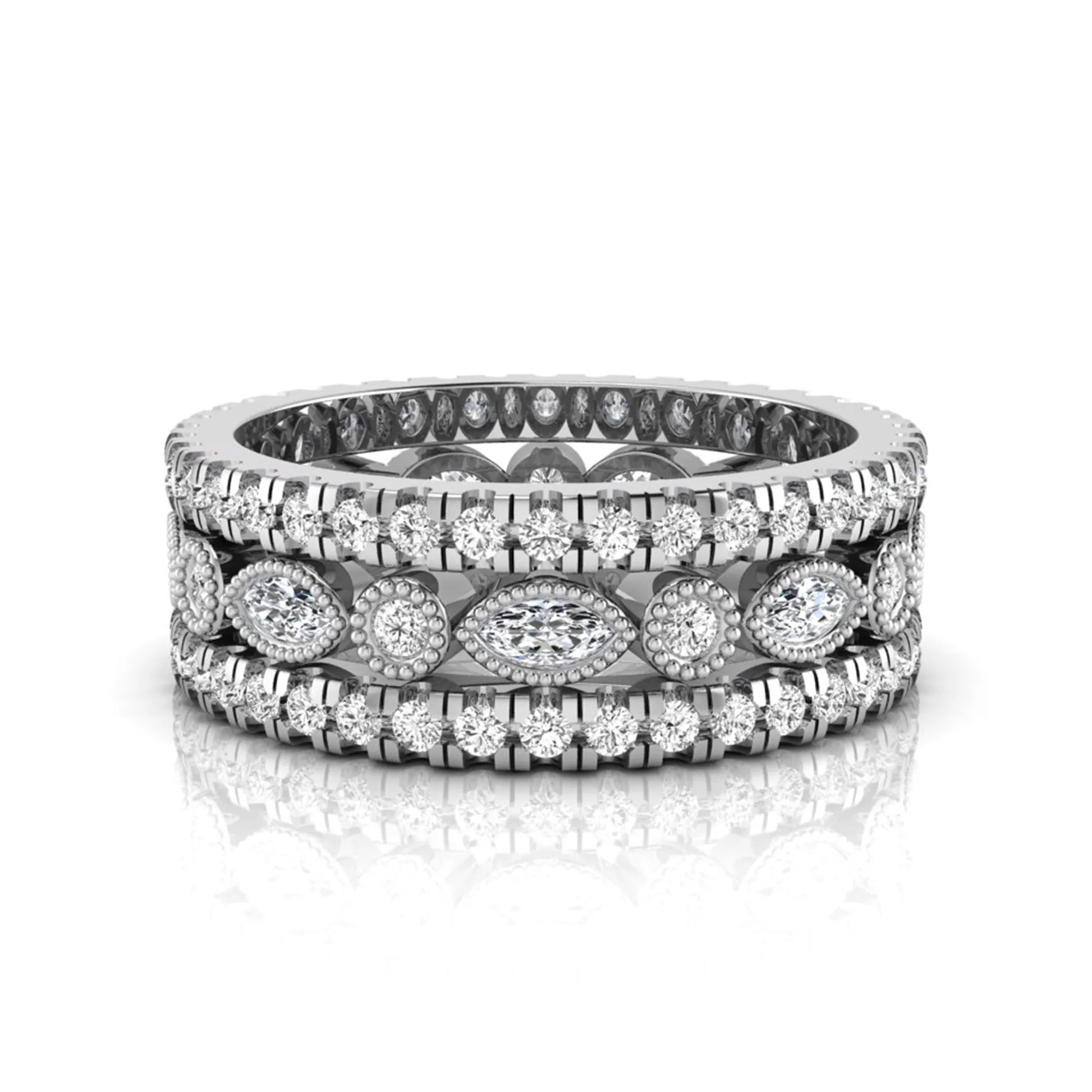Stackable three band ring set featuring marquise and round lab grown diamonds with vintage milgrain bezels and pavé diamond bands in white gold