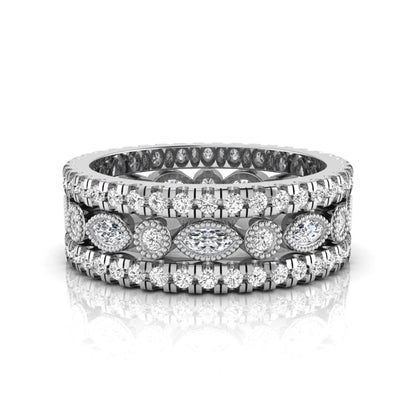 Stackable three band ring set featuring marquise and round lab grown diamonds with vintage milgrain bezels and pavé diamond bands in white gold