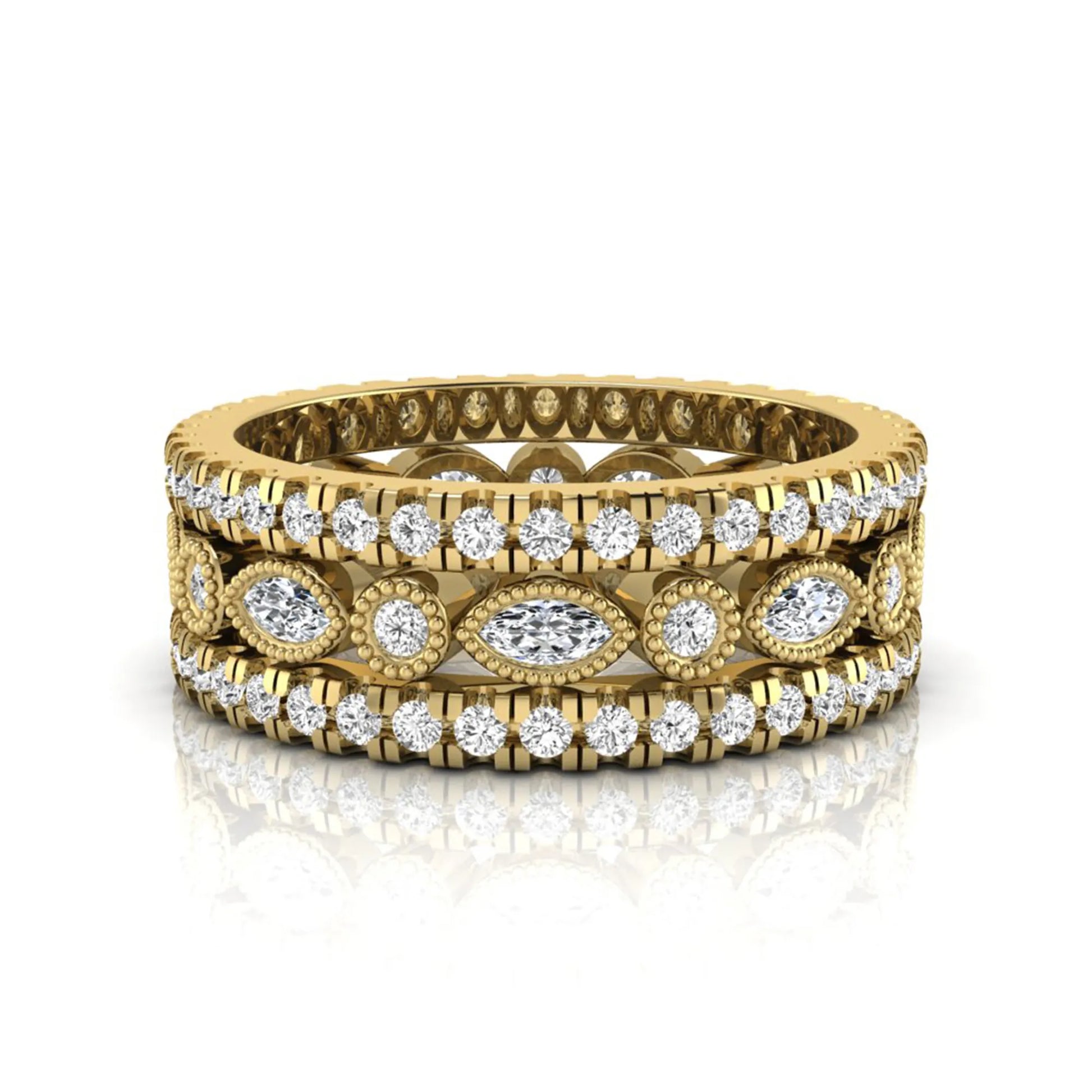 Stackable three band ring set featuring marquise and round lab grown diamonds with vintage milgrain bezels and pavé diamond bands in yellow gold