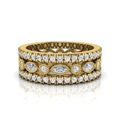 Stackable three band ring set featuring marquise and round lab grown diamonds with vintage milgrain bezels and pavé diamond bands in yellow gold
