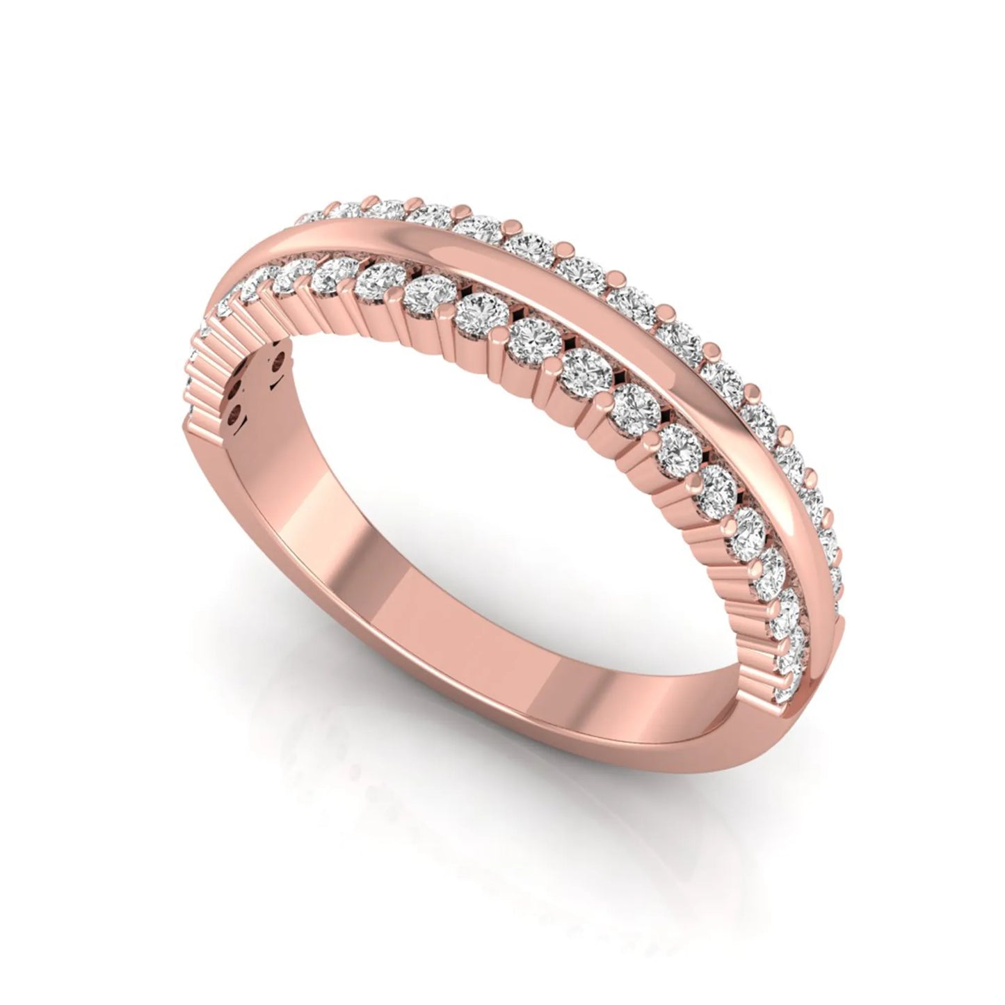 Three row lab grown diamond band featuring a polished gold center ribbon between two rows of round brilliant diamonds in rose gold