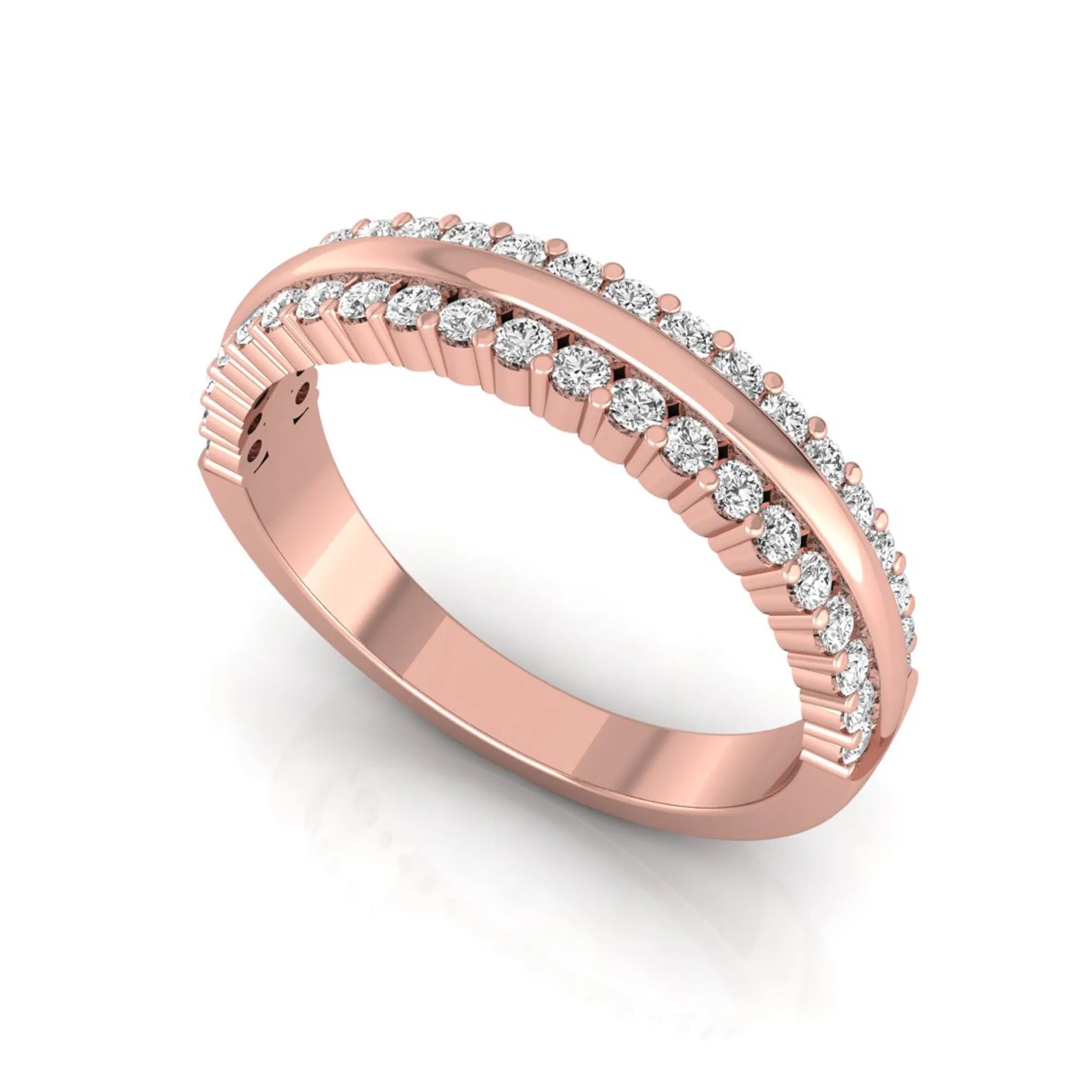Three row lab grown diamond band featuring a polished gold center ribbon between two rows of round brilliant diamonds in rose gold