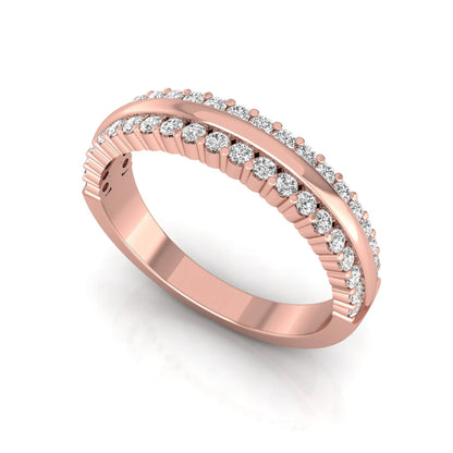 Three row lab grown diamond band featuring a polished gold center ribbon between two rows of round brilliant diamonds in rose gold