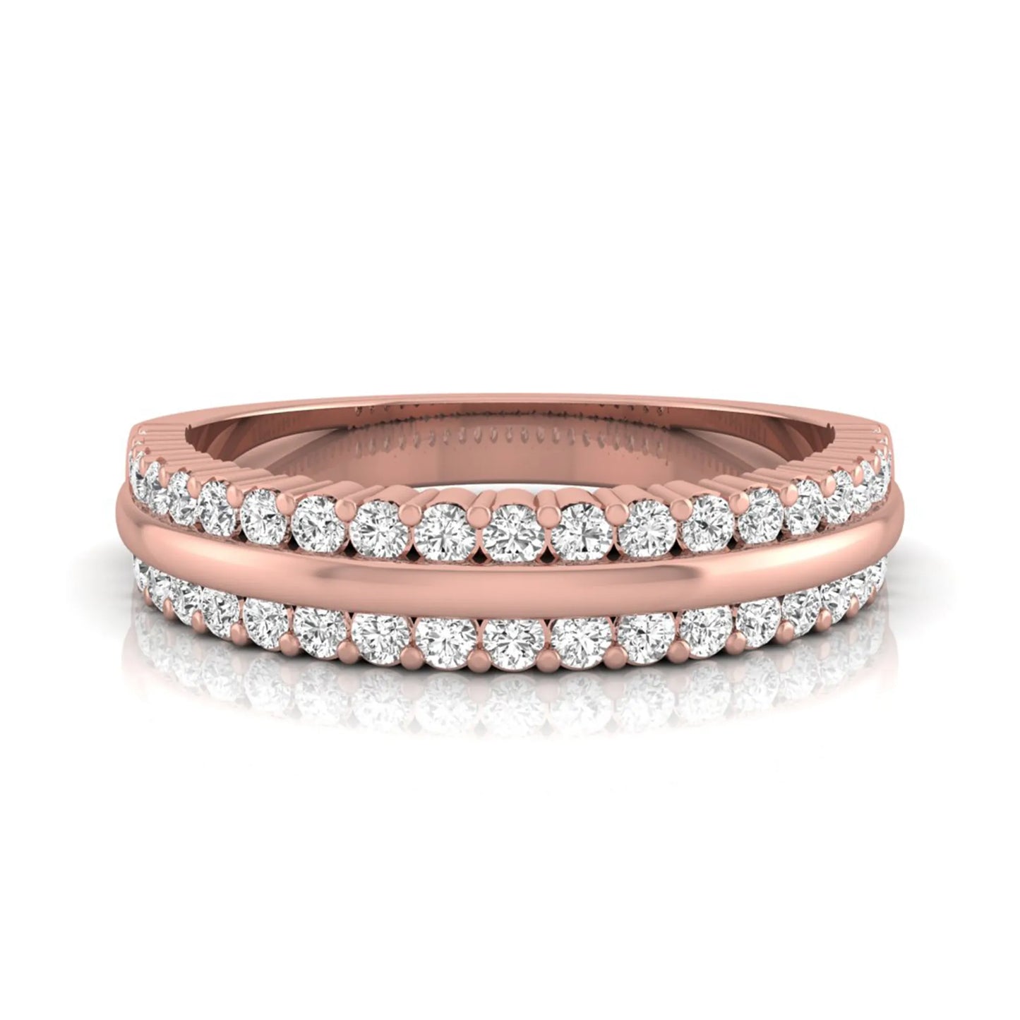 Three row lab grown diamond band featuring a polished gold center ribbon between two rows of round brilliant diamonds in rose gold